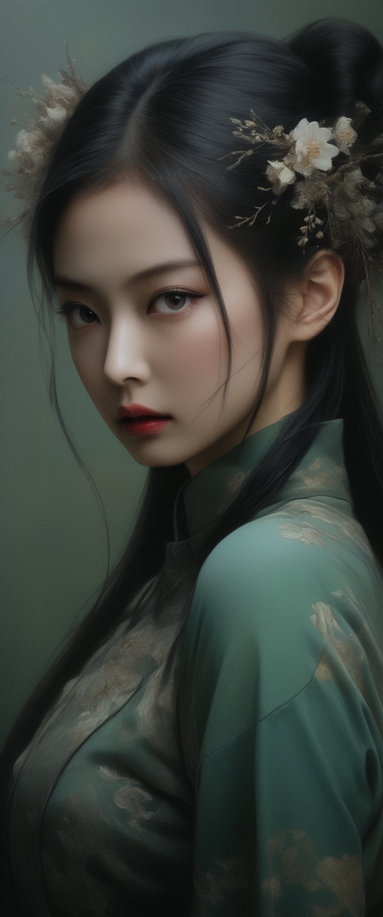 breathtaking  RAW photo of female ((Imagen de una mujer con un vestido verde en un bosque., retrato geisha con flequillo, jingna zhang, heise-lian yan fang, Zhang Daqian, inspirado en Li Mei Shu, palacio , una chica en hanfu, retrato de pintura , retrato de Sadako del Anillo, retrato de un mago del bosque, inspirado en Zhou Wenjing

 )), dark and moody style, perfect face, outstretched perfect hands . masterpiece, professional, award-winning, intricate details, ultra high detailed, 64k, dramatic light, volumetric light, dynamic lighting, Epic, splash art .. ), by james jean $, roby dwi antono $, ross tran $. francis bacon $, michal mraz $, adrian ghenie $, petra cortright $, gerhard richter $, takato yamamoto $, ashley wood, tense atmospheric, , , , sooyaaa,IMGFIX,Comic Book-Style,Movie Aesthetic,action shot,photo r3al,bad quality image,oil painting, cinematic moviemaker style,Japan Vibes,H effect,koh_yunjung ,koh_yunjung,kwon-nara,sooyaaa,colorful,bones,skulls,armor,han-hyoju-xl
,DonMn1ghtm4reXL, ct-fujiii,ct-jeniiii,more detail XL