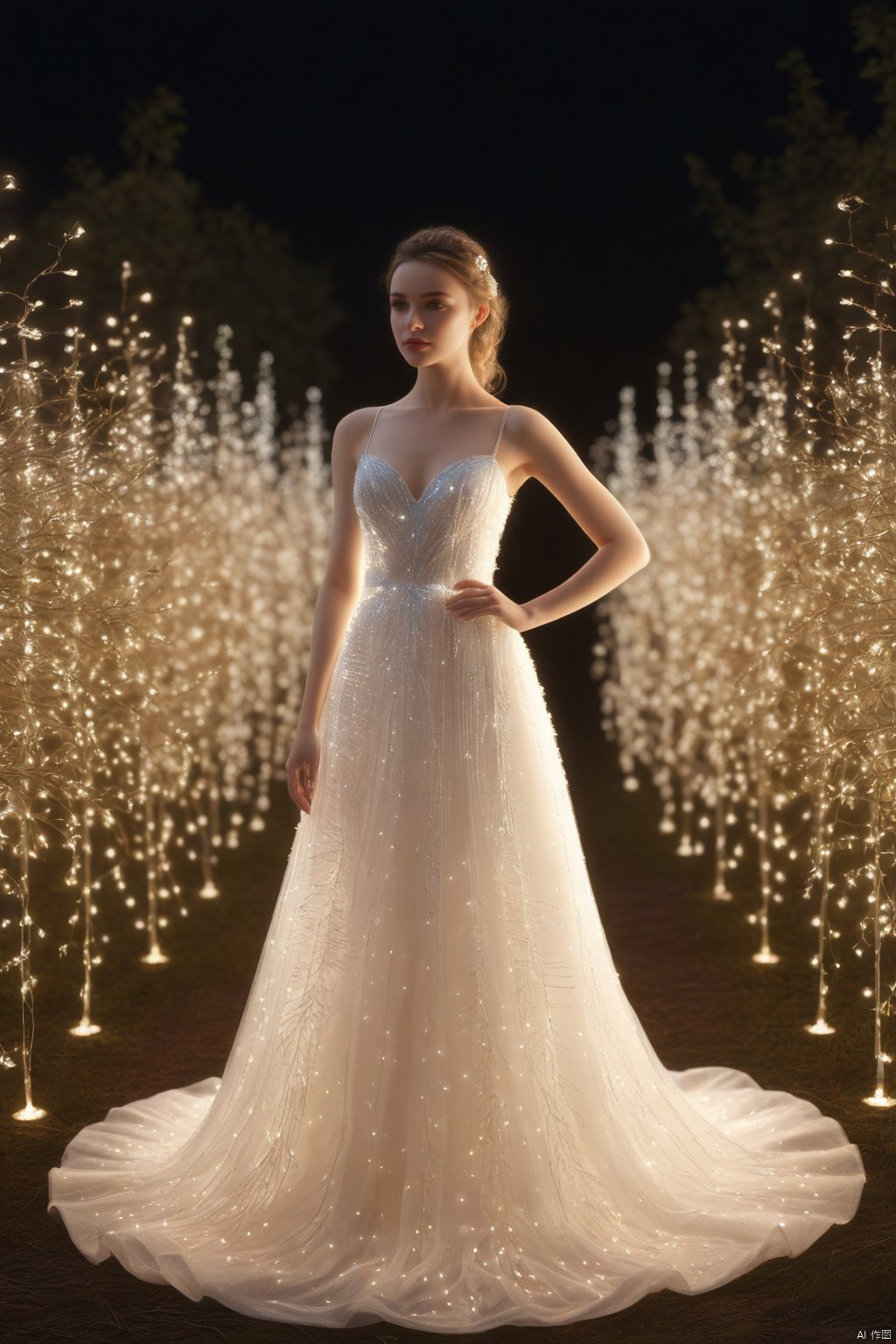 model girl's gown made from hundreds of lights, in the style of daz3d, uhd image, feminine portraiture, luminous and dreamlike scenes, low speed film, life-like avian illustrations, light white