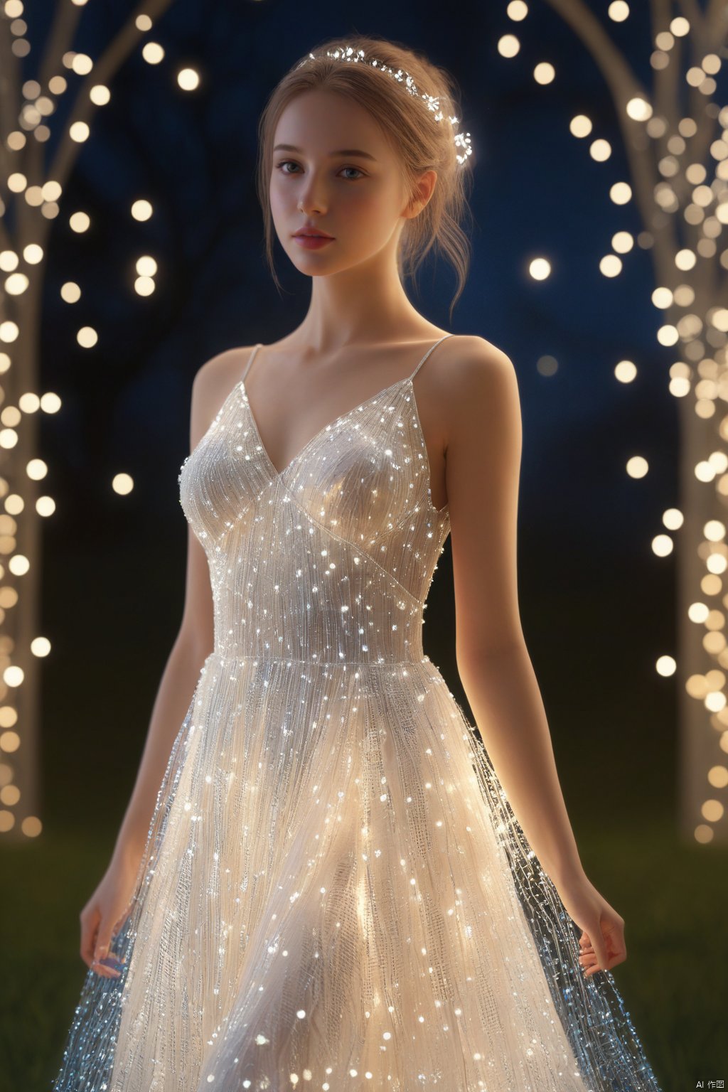 model girl's gown made from hundreds of lights, in the style of daz3d, uhd image, feminine portraiture, luminous and dreamlike scenes, low speed film, life-like avian illustrations, light white