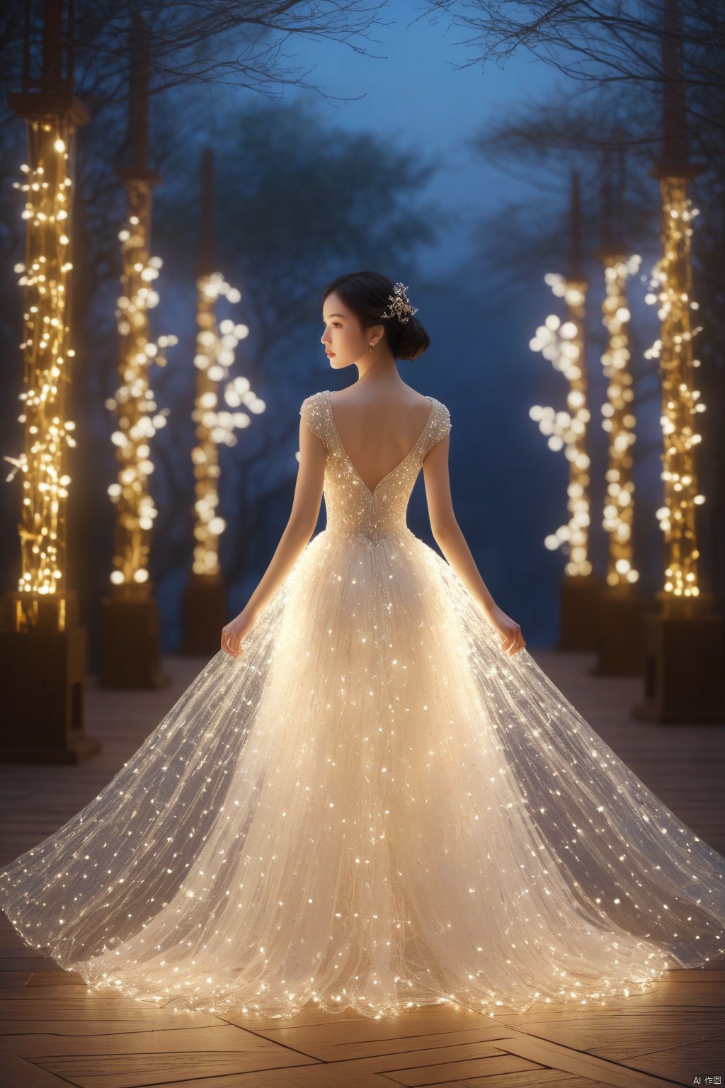 model girl's gown made from hundreds of lights, in the style of daz3d, uhd image, feminine portraiture, luminous and dreamlike scenes, low speed film, life-like avian illustrations, light white,Chinese beauty