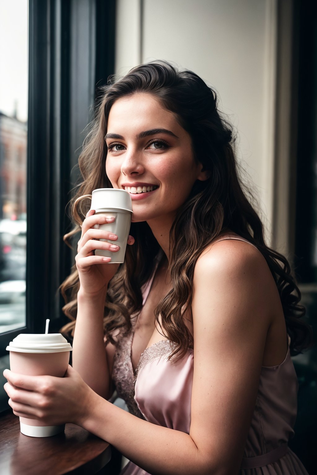 Wide-angle view of a pretty fashion model looking at the camera, expressing a complaint as if it's our fault, sad and thoughtful, sipping coffee in a dark, cozy coffee shop with rain outside, vibrant ambience, lively atmosphere, adorned with fairy lights and candles, captured in photorealistic detail with real skin textures, soft lighting, and presented as an absurdres masterpiece.,

stunningly beautiful glamour model (18 years young ) ,(((extremely innocent face ))), wild hair, ((best quality)), ((masterpiece)), (detailed), , highly detailed HDR photo, 8k quality, best quality, high resolution ultra photorealistic, high definition, highly detailed photo, photon mapping, dynamic angle, professional lighting, highly detailed face and body,expressive eyes, perfectly detailed face, smile, gorgeous face, real skin details, soft skin, looking at viewer, raw, photorealistic, real, perfect skin, real skin, realistic photo of a mid body shot, , extremely innocent face, very beautiful, cheerful, laughing, clever naughty smile, , she is wearing a loose Pink color gown, she smile like gentle love goddess, very long tresses, golden hair, brown hair, expressive face, divine eyes,, high rim light

