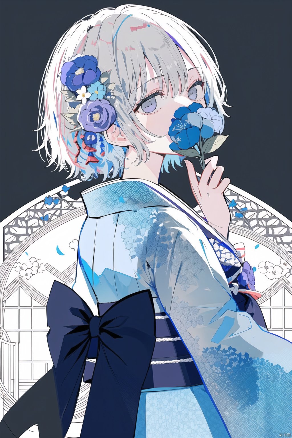 hagimorijia, absurdres, back bow, black bow, blue flower, bow, commentary, covering own mouth, floral print, flower, from behind, grey eyes, grey hair, hair between eyes, hair flower, hair ornament, hand up, head tilt, highres, holding, japanese clothes, kimono, long sleeves, looking at viewer, original, purple flower, red ribbon, ribbon, short hair, sideways glance, solo, translated, upper body