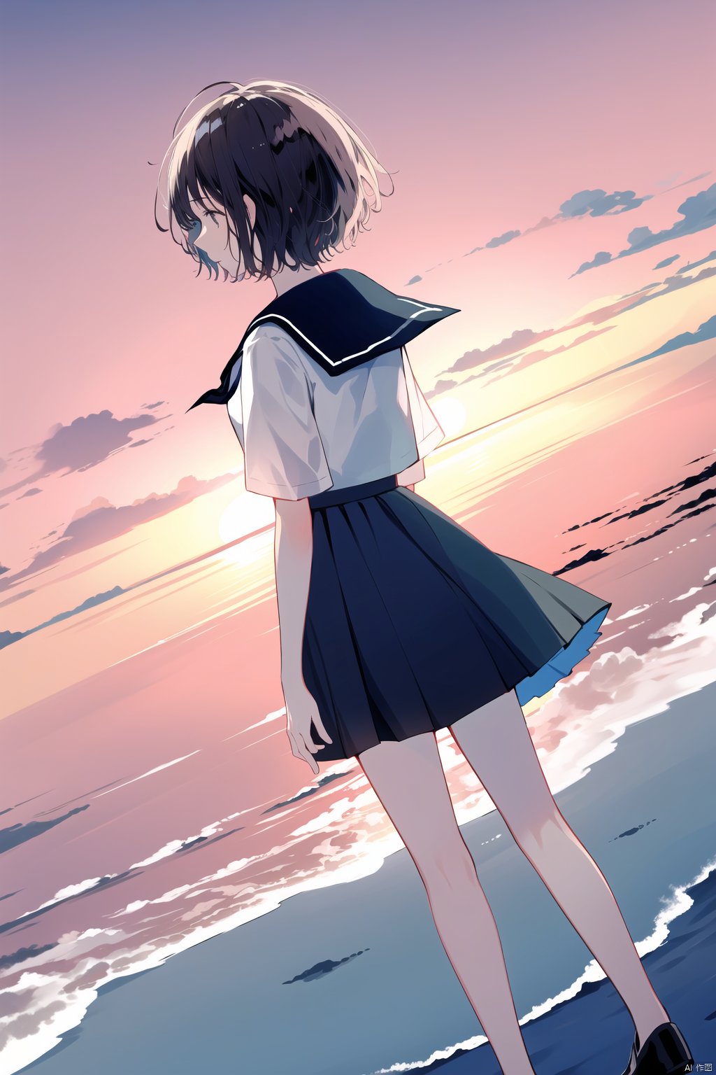 hagimorijia, bad id, bad pixiv id, black sailor collar, black skirt, brown hair, cloud, commentary request, dutch angle, evening, facing away, feet out of frame, from behind, highres, horizon, ocean, original, outdoors, sailor collar, scenery, school uniform, serafuku, shirt, short hair, short sleeves, skirt, sky, solo, standing, sunset, white shirt