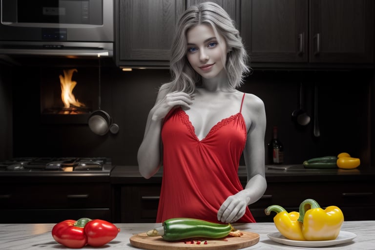 perfect hands, perfect fingers, beautiful blonde in red nightgown, cooking bell peppers, (gray scale, Red Accent),  (gray scale, Yellow Accent), (gray scale, Blue Accent), (gray scale, Green Accent),  