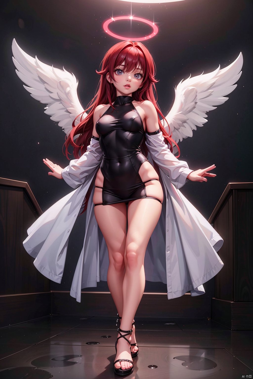 Female, Angel, black scales, deep red light on skin, Halo, Deep red light, full body, Wings, ral-ledlights