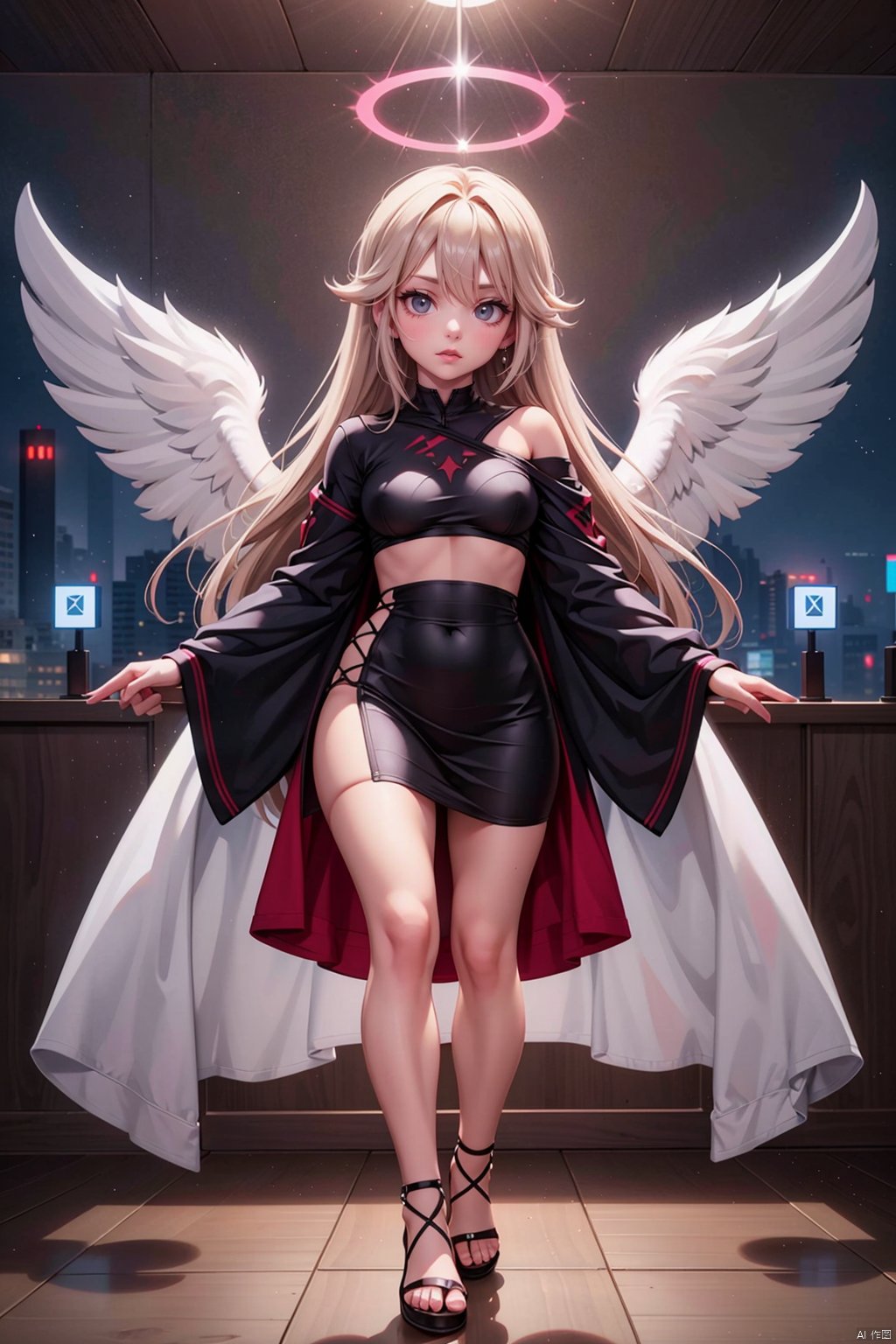 Female, Angel, black scales, deep red light on skin, Halo, Deep red light, full body, Wings, ral-ledlights