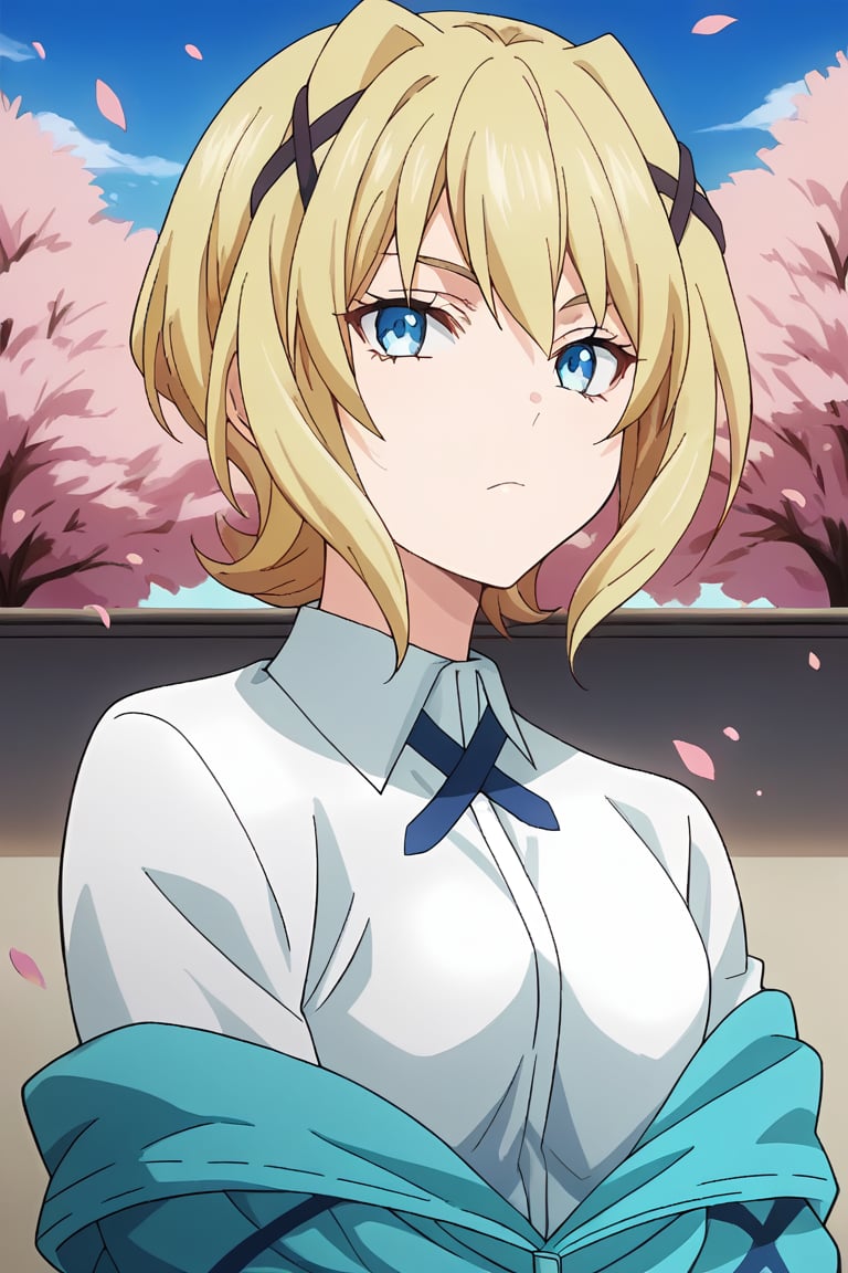 score_9, score_8_up, score_7_up, score_6_up, score_5_up, score_4_up, source_anime, colorful, lanterby, beautiful girl, solo, portrait, upper boy, close-up, blonde hair, short hair, bangs, x hair ornament, eyebrows, blue eyes, looking at viewer, blue cardigan, off shoulder, long sleeves, open clothes, striped clothes, shirt, white shirt, collared shirt, cross bow tie, outdoors, park, cherry blossom, petals, blue sky, clouds