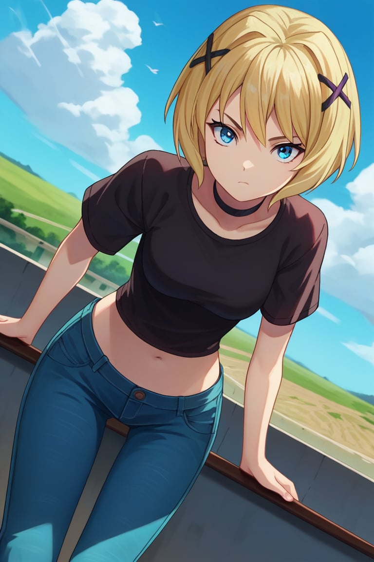 score_9, score_8_up, score_7_up, score_6_up, score_5_up, score_4_up, source_anime, source_pony, colorful, BREAK lanterby, 1girl, solo, leaning forward, dinamic angle, blonde hair, blue eyes, looking at viewer, short hair, eyebrows, bangs, x hair ornament, black choker, black top, midriff, short sleeves, denim pants, thigh gap, outdoors, blue sky, clouds, masterpiece, best quality, absurdres,