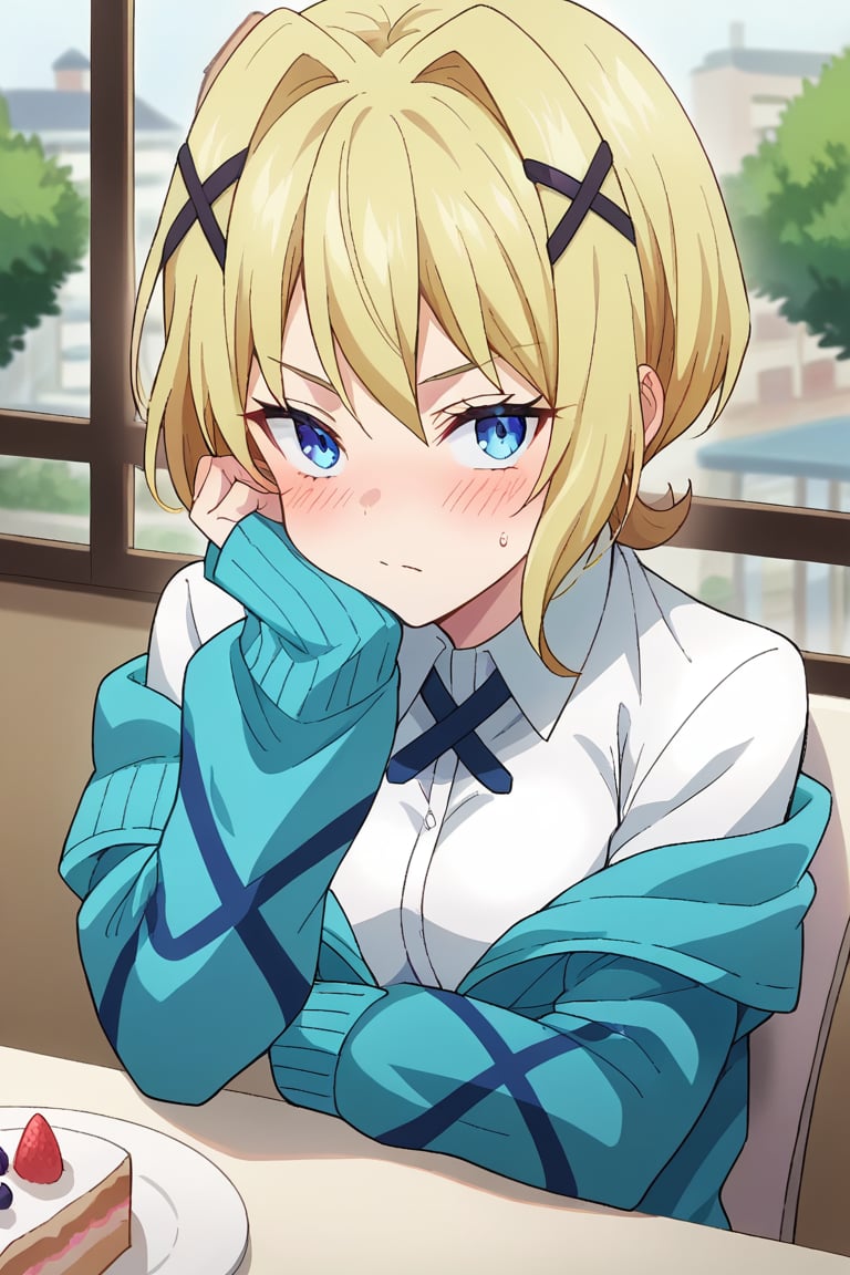 score_9, score_8_up, score_7_up, source_anime, source_pony, colorful, lanterby, beautiful girl, solo, sitting, chair, cafe, blonde hair, short hair, bangs, x hair ornament, eyebrows, blue eyes, embarrased, blush, looking to the side, blue cardigan, off shoulder, long sleeves, open clothes, striped clothes, shirt, white shirt, collared shirt, cross bow tie, indoors, window, table, cake, head rest, pov