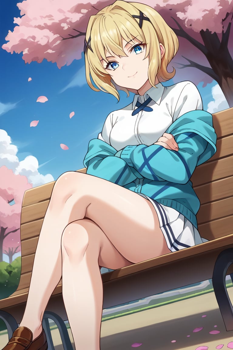 score_9, score_8_up, score_7_up, score_6_up, score_5_up, score_4_up, source_anime, colorful, lanterby, beautiful girl, solo, sitting, from below, bench, crossed legs, crossed arms, blonde hair, short hair, bangs, x hair ornament, eyebrows, blue eyes, looking at viewer, light smile, blue cardigan, off shoulder, long sleeves, open clothes, striped clothes, shirt, white shirt, collared shirt, cross bow tie, white skirt, miniskirt, pleated skirt, brown footwear, loafers, dutch angle, outdoors, park, cherry blossom, petals, blue sky, clouds