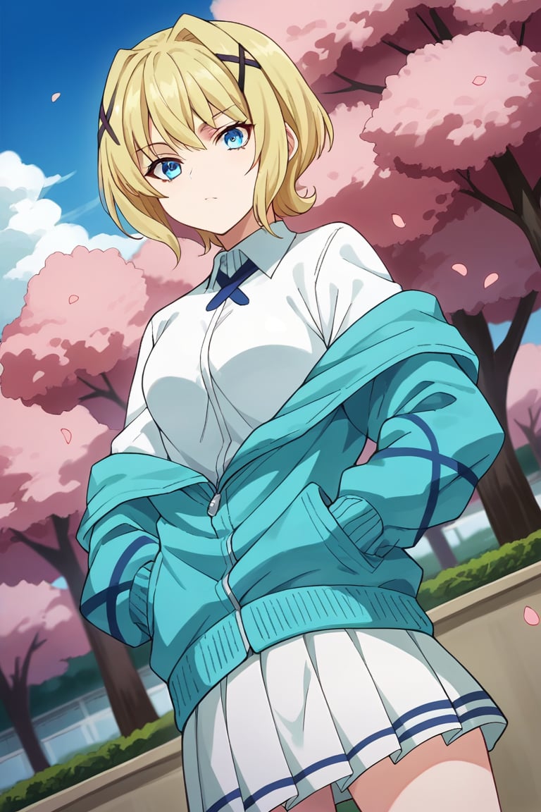 score_9, score_8_up, score_7_up, score_6_up, score_5_up, score_4_up, source_anime, colorful, lanterby, beautiful girl, solo, hands in pockets, blonde hair, short hair, bangs, x hair ornament, eyebrows, blue eyes, looking at viewer, blue cardigan, off shoulder, long sleeves, open clothes, striped clothes, shirt, white shirt, collared shirt, cross bow tie, white skirt, miniskirt, pleated skirt, cowboy shot, dutch angle, outdoors, park, spring, cherry blossom, petals, blue sky, clouds