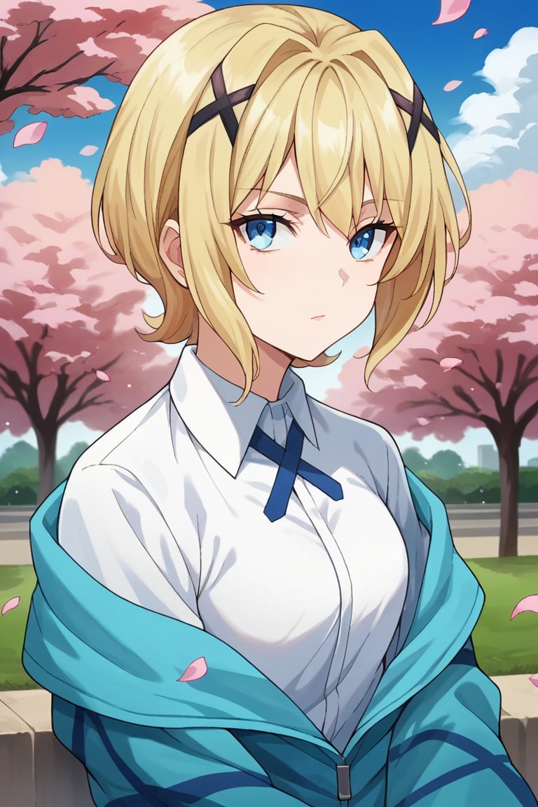 score_9, score_8_up, score_7_up, score_6_up, score_5_up, score_4_up, source_anime, colorful, lanterby, beautiful girl, solo, portrait, upper boy, close-up, blonde hair, short hair, bangs, x hair ornament, eyebrows, blue eyes, looking at viewer, blue cardigan, off shoulder, long sleeves, open clothes, striped clothes, shirt, white shirt, collared shirt, cross bow tie, outdoors, park, cherry blossom, petals, blue sky, clouds