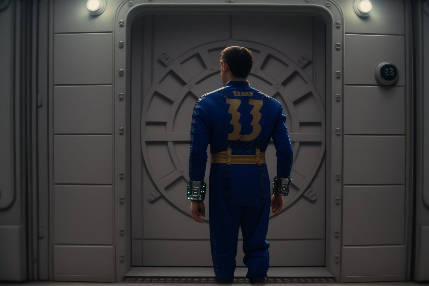 score_9,score_8_up, score_7_up, score_6_up, score_5_up, score_4_up,hyper realism, photo realistic, 8k, digital slr, falloutcinematic, 1boy, solo, male focus, black hair, from behind, vault dweller jumpsuit, boots, wearing pip-boy, "33" vault dweller jumpsuit, , 1boy, realistic, standing in front of closed vault door that reads "31", ,<lora:659095807385103906:1.0>