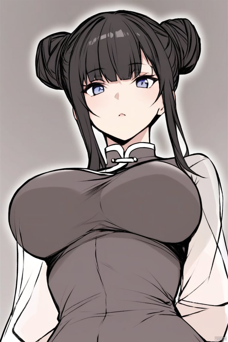  solo,highly detailed,(best quality),((masterpiece)),1girl,black hair,(simple_background),long hair,big_breasts,upper_body,((from below)),(arms behind back),,yu,hair bun,double bun,bangs,chinese clothes,dress,((see-through)),