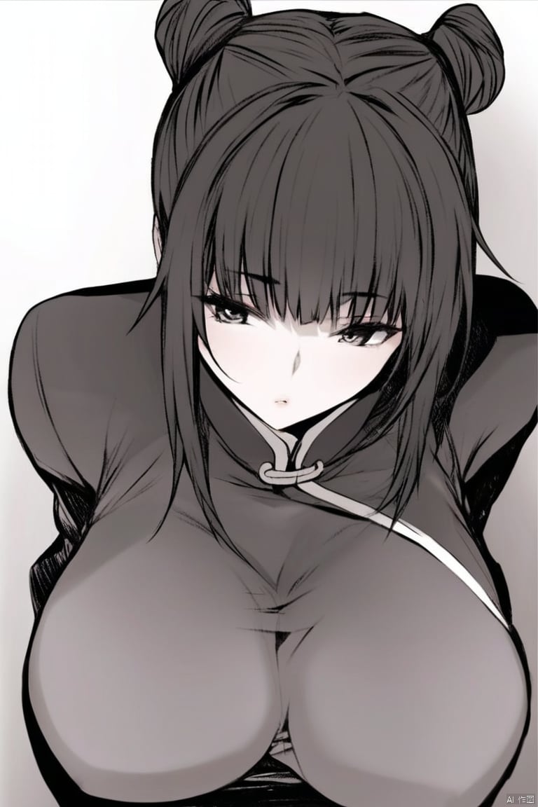  solo,highly detailed,(best quality),((masterpiece)),1girl,black hair,(simple_background),long hair,big_breasts,upper_body,(monochrome),((from below)),(arms behind back),seen from above,yu,hair bun,double bun,bangs,chinese clothes,dress,((see-through)),