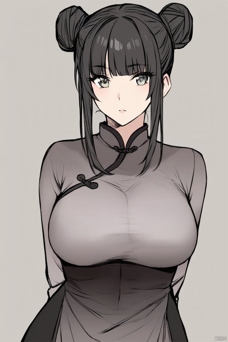  solo,highly detailed,(best quality),((masterpiece)),1girl,black hair,(simple_background),long hair,big_breasts,upper_body,(arms behind back),,yu,hair bun,double bun,bangs,chinese clothes,dress,((see-through)),