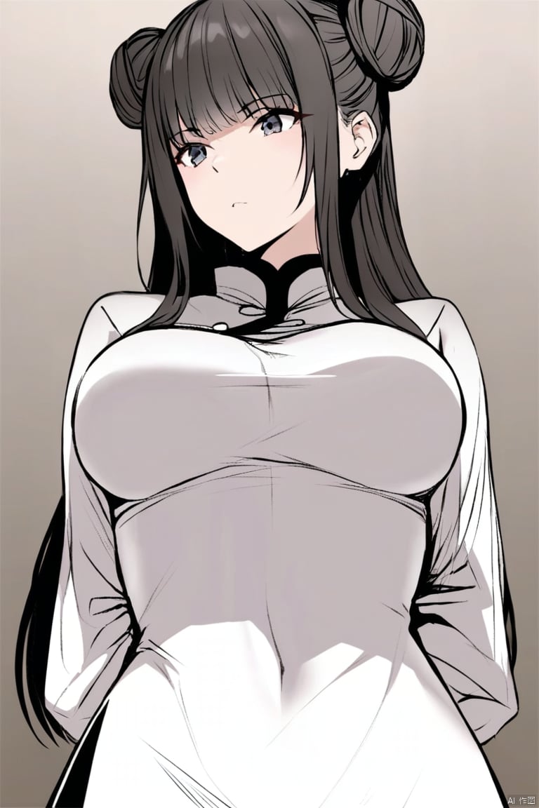  solo,highly detailed,(best quality),((masterpiece)),1girl,black hair,(simple_background),long hair,big_breasts,upper_body,((from below)),(arms behind back),,yu,hair bun,double bun,bangs,chinese clothes,dress,((see-through)),