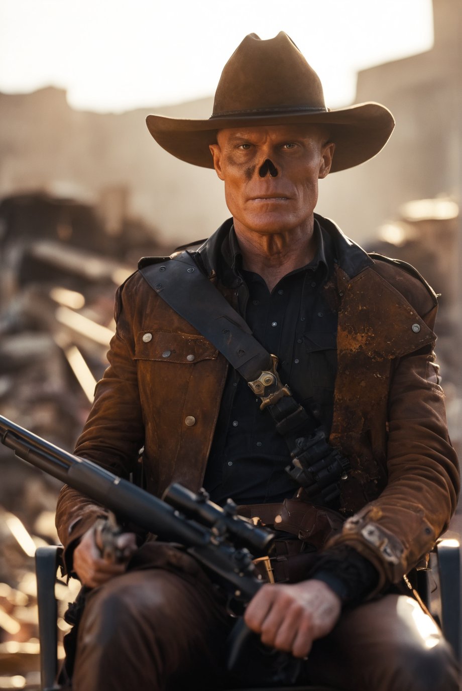 falloutcinematic, solo, 1boy, rotten ghoul, undead, cowboy hat, amputated arm, ammo shoulder strap, jacket, brown pants, seated in leather chair, holding weapon, pointing weapon at viewer, rifle, bokeh, rubble, outdoors, , solo, realistic