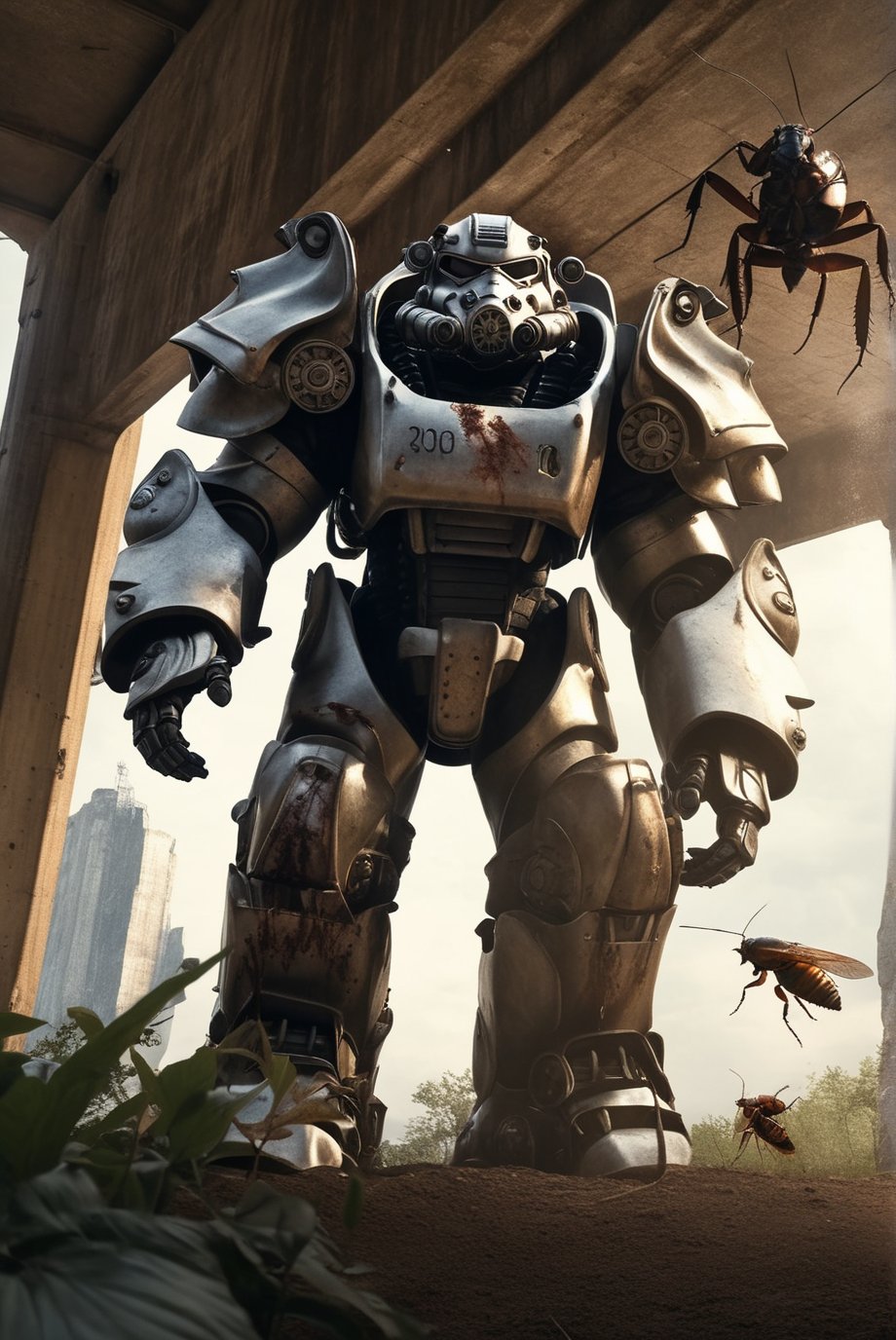 falloutcinematic, power armor, bear scratches, giant cockroaches, from below, in wasteland under bridge environment, outdoors, pillar, , science fiction, realistic