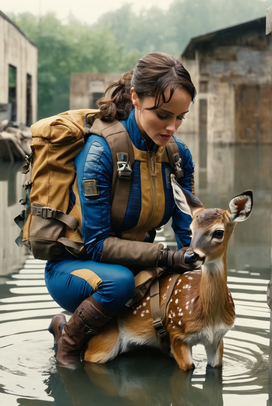 falloutcinematic, Lucy MacLean, vault dweller jumpsuit, kneeling, brown hair, backpack, jacket, gloves, solo, bag, faun, baby deer, animal, outdoors, flooded building exteriors, water, post apocalypse, , 1girl, realistic