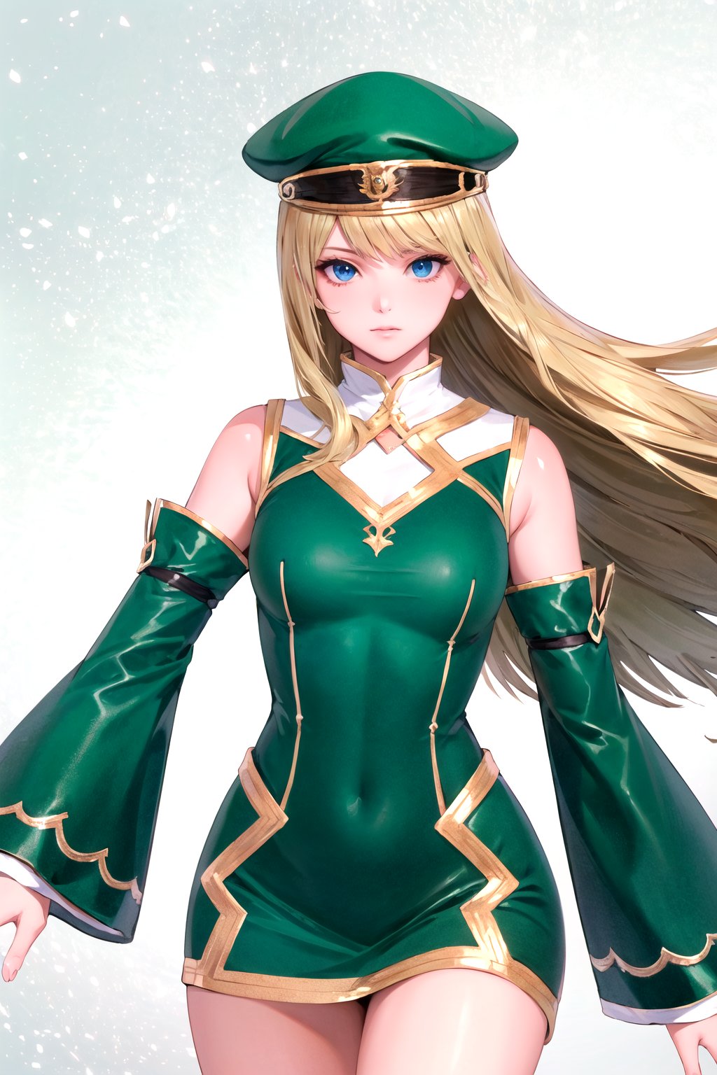 //Quality, masterpiece, best quality, detailmaster2, 8k, 8k UHD, ultra-high resolution, ultra-high definition, highres, 
//Character, 1girl, solo,Frey_VP blue_eyes long_hair blonde_hair,
//Fashion, hat green_dress detached_sleeves,
//Background, white background, 
//Others, 