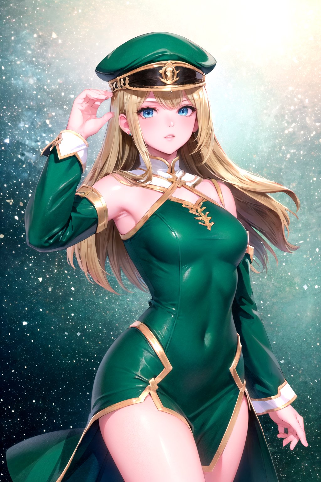 //Quality, masterpiece, best quality, detailmaster2, 8k, 8k UHD, ultra-high resolution, ultra-high definition, highres, 
//Character, 1girl, solo,Frey_VP blue_eyes long_hair blonde_hair,
//Fashion, hat green_dress detached_sleeves,
//Background, white background, 
//Others, 