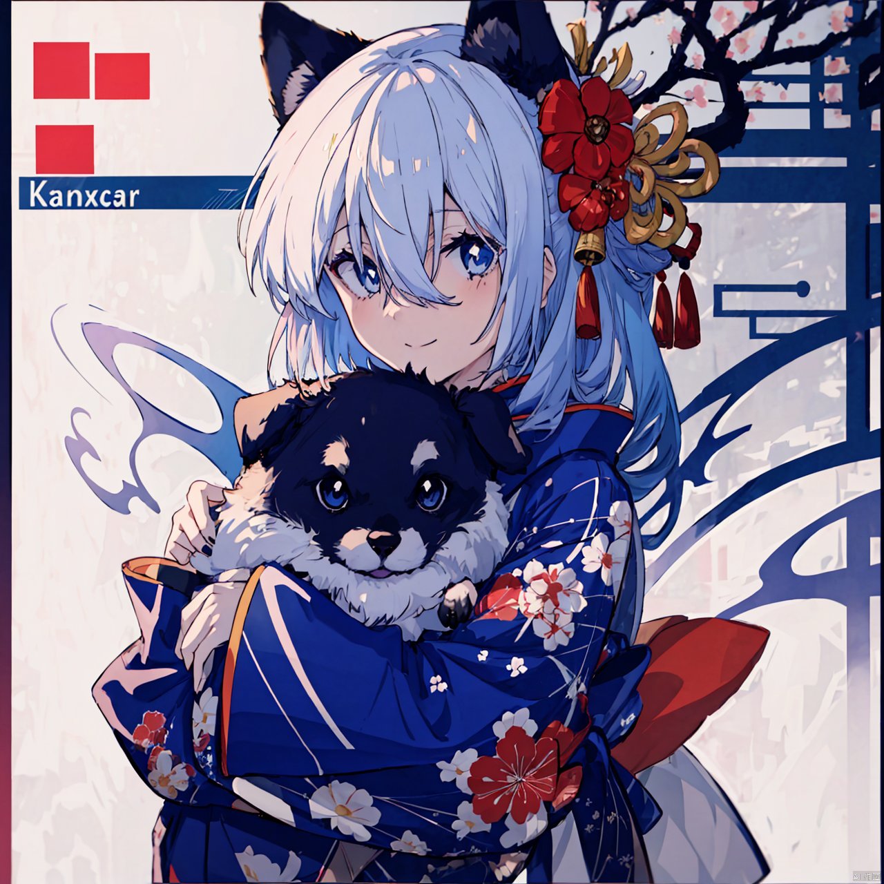  anime style,anime screen,1girl, long hair, blue eyes, hair ornament, flower, hair flower, animal ears, solo, looking at viewer, japanese clothes, smile, kimono, red flower, blush, upper body, hair between eyes, blurry background, animal, blurry, closed mouth, bangs, red kimono, white hair, long sleeves, print kimono, holding, dog, floral print, animal hug, chinese zodiac, depth of field, holding animal, wide sleeves, very long hair, mtianmei, mjiaocha