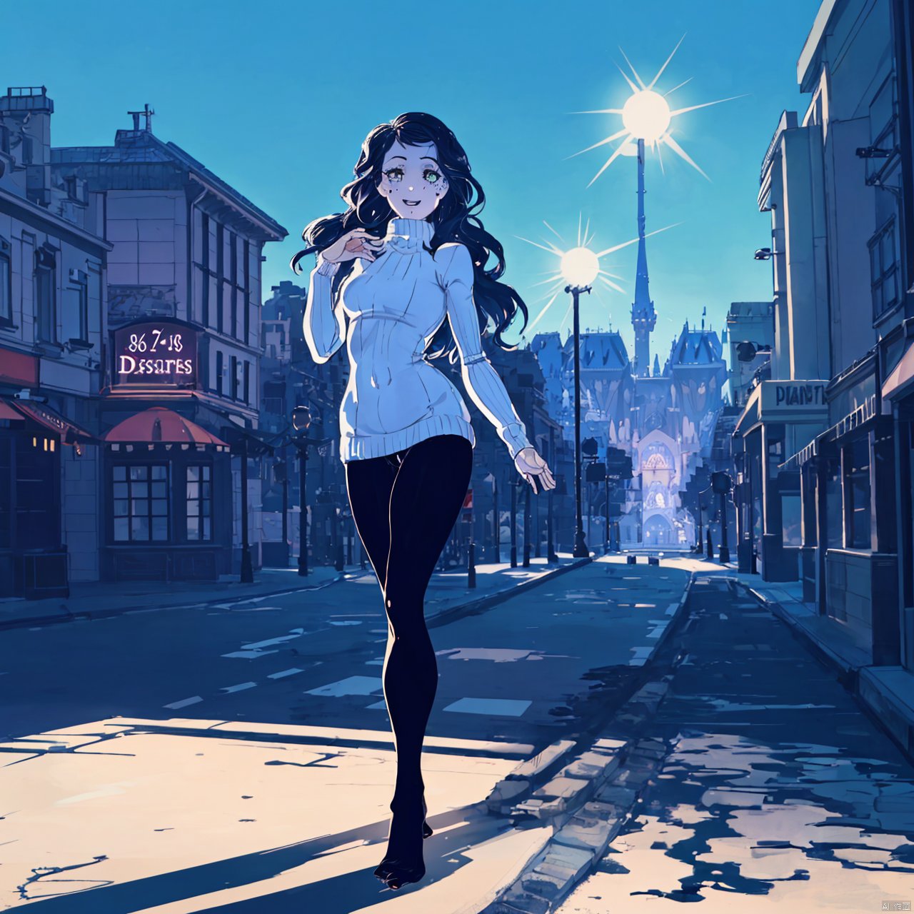  1girl, smiling,Realistic movie lighting,white turtleneck sweater((,(skindentation),(skin tight))),ultradetailed,8K,detailed face,photorealistic,1girl,long hair,,solo, , ,fullbody,complex background, look at the viewer, detailedbackground,sweating details,realistic, fullbody,long legs,real,Lacrimal nevus,realism, Delicate glowing skin,masterpiece,bestquality,distant view,depth of field,dynamic perspective,Perfectly proportioned figure,Detailed skin description, black pantyhose,street,daytime,good weather, Disneyland in the background,JOJO pose,tall