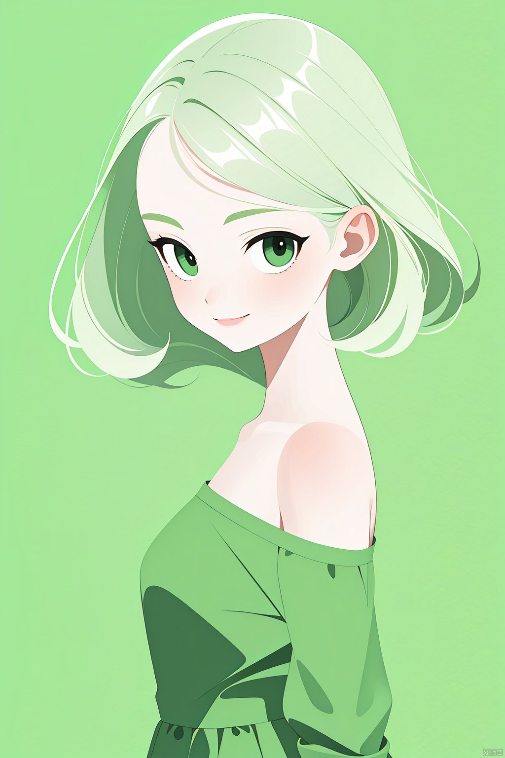  A girl with a green background.green dress,bare shoulder,smile