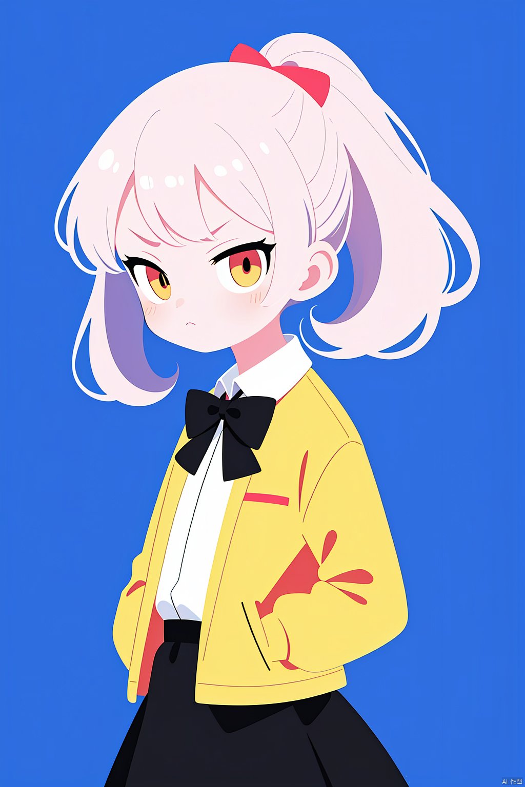 (loli：1.2),(petite:1.2),Pink hair,Yellow eyes, (red Jacket),high ponytail,white collared shirt,hair flower,fipped hair,floating hair,Frown,hands in pockets,black dress,red bowtie,(solo), Extremely simple lines,Blue background,jjmx