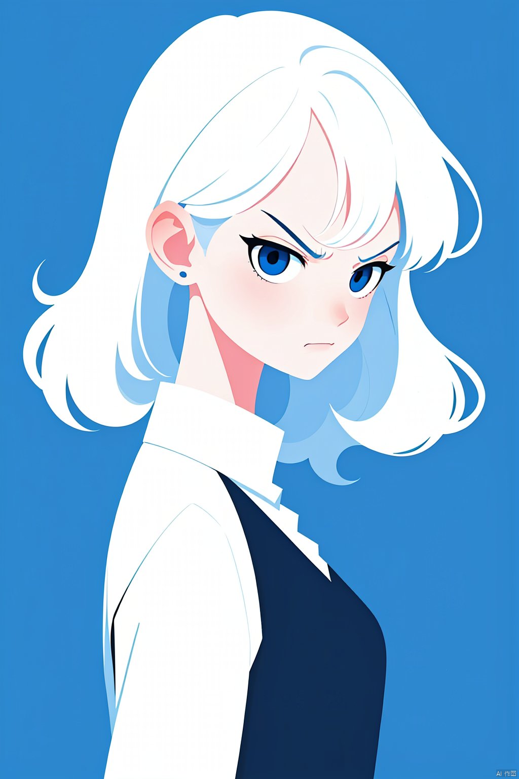 A girl, blue background, short white hair, slightly curly hair, angry, extremely angry,