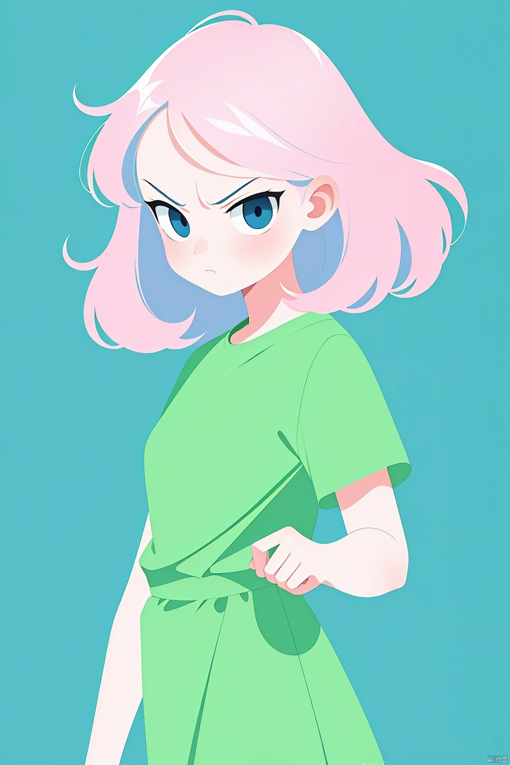  A girl, blue background, short pink hair, slightly curly hair, angry, extremely angry,Wearing a long green dress,jjmx