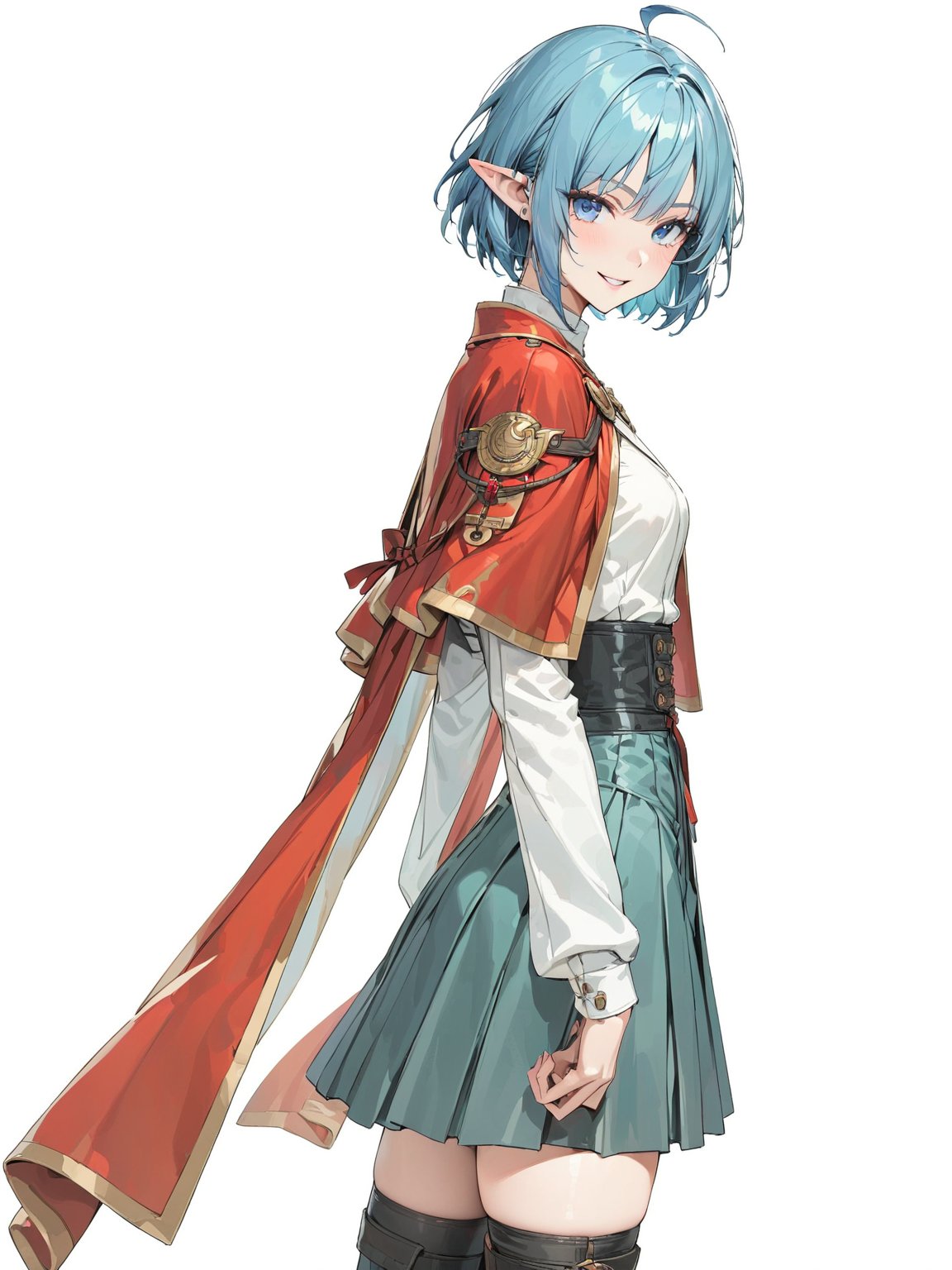 //Quality, masterpiece, best quality, detailmaster2, 8k, 8k UHD, ultra detailed, ultra-high resolution, ultra-high definition, highres, 
//Character, 1girl, solo, blue eyes, short hair, blue hair, pointy ears, ahoge,
//Fashion, red cape, skirt, thighhighs, crescent hair ornament,
//Background, white background, 
//Others, looking at viewer, smile, from_side