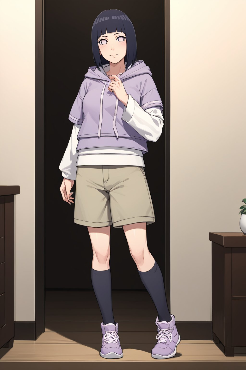 score_9, score_8_up, score_7_up, score_6_up, score_5_up, score_4_up, BREAK, source_anime,1girl, hinata_v2,hoodie,shorts,full body