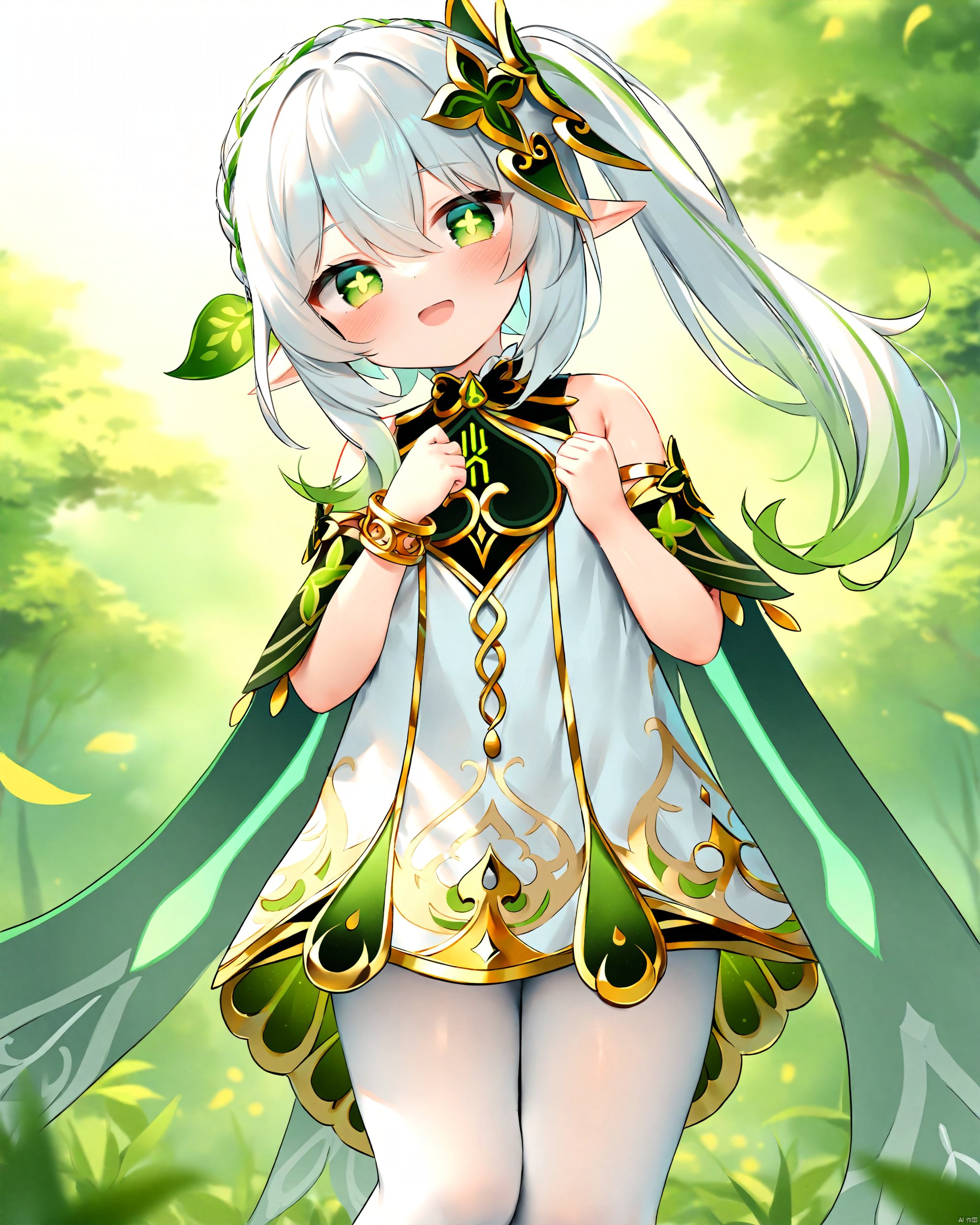 Best-A,chen_bin,Best-A,1girl, bare_shoulders, blush, bracelet, braid, breasts, cape, chen_bin, crown_braid, detached_sleeves, dress, genshin_impact, gradient_hair, green_cape, green_eyes, green_hair, hair_ornament, highres, jewelry, leaf_hair_ornament, long_hair, looking_at_viewer, multicolored_hair, nahida_\(genshin_impact\), open_mouth, outdoors, pantyhose, pointy_ears, side_ponytail, sidelocks, sleeveless, sleeveless_dress, small_breasts, smile, solo, symbol-shaped_pupils, thighs, white_dress, white_hair, white_pantyhose