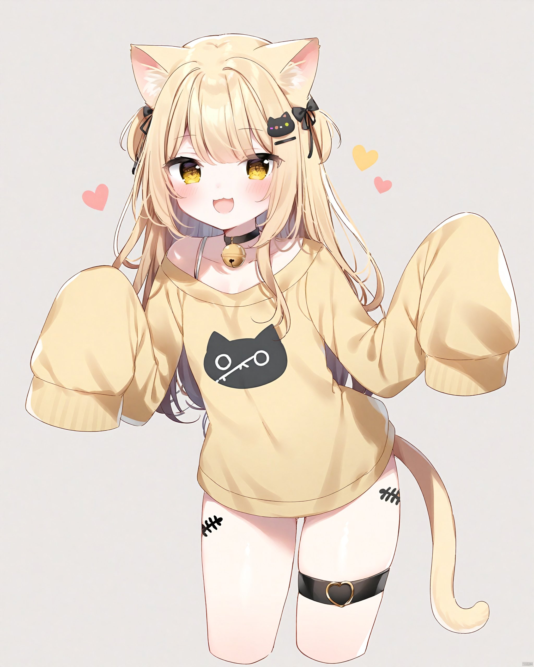 Best-A,mafuyu,1girl, \:d, animal_ear_fluff, animal_ears, artist_request, bell, black_choker, black_nails, blonde_hair, cat_ears, cat_girl, cat_tail, choker, cropped_legs, double-parted_bangs, fish_bone_print, hair_ornament, heart, heart_in_eye, highres, indie_virtual_youtuber, leg_tattoo, long_hair, looking_at_viewer, neck_bell, nyana_bananya, shirt, sleeves_past_fingers, sleeves_past_wrists, smile, symbol_in_eye, tail, tattoo, thigh_strap, virtual_youtuber, yellow_eyes, yellow_shirt