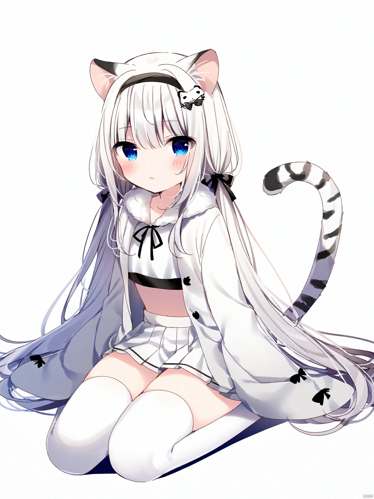 Best-A,mafuyu,1girl, solo, long hair, looking at viewer, blush, bangs, blue eyes, skirt, simple background, shirt, hair ornament, thighhighs, long sleeves, white background, animal ears, hair between eyes, twintails, sitting, very long hair, closed mouth, jacket, tail, full body, white shirt, white hair, pleated skirt, hairband, parted lips, midriff, wide sleeves, white thighhighs, crop top, animal ear fluff, sleeves past wrists, fur trim, low twintails, white jacket, white skirt, black hairband, letterboxed, seiza, tiger ears, fur-trimmed sleeves, tiger tail, tiger girl, leopard ears, leopard tail