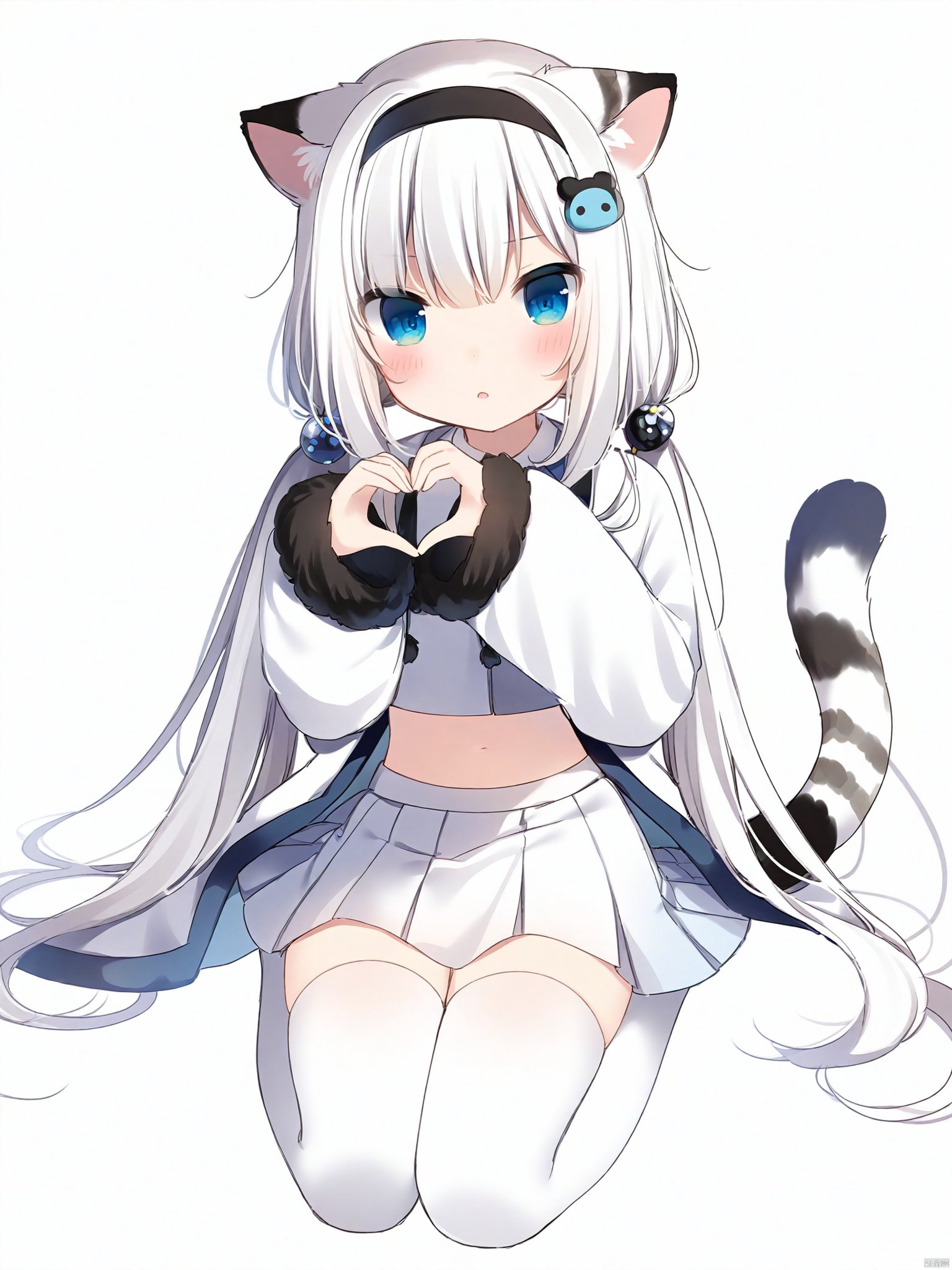 Best-A,[nachoneko|mafuyu],1girl, solo, long hair, looking at viewer,heart_hands, blush, bangs, blue eyes, skirt, simple background, shirt, hair ornament, thighhighs, long sleeves, white background, animal ears, hair between eyes, twintails, sitting, very long hair, closed mouth, jacket, tail, full body, white shirt, white hair, pleated skirt, hairband, parted lips, midriff, wide sleeves, white thighhighs, crop top, animal ear fluff, sleeves past wrists, fur trim, low twintails, white jacket, white skirt, black hairband, letterboxed, seiza, tiger ears, fur-trimmed sleeves, tiger tail, tiger girl, leopard ears, leopard tail