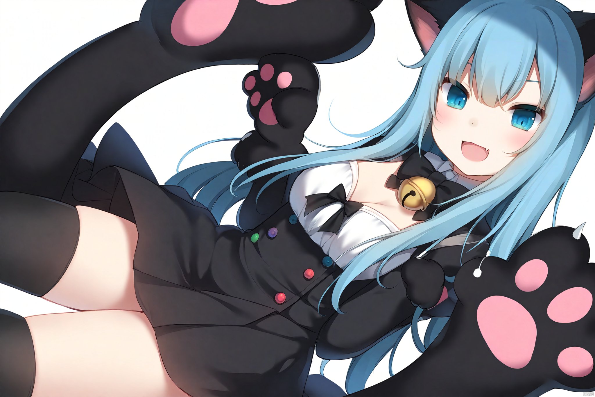 Best-A, nachoneko, 1girl, \:d, animal_hands, bell, black_cat ear, black_skirt, breasts, cleavage, fang, gloves, black stockings, blue hair, cat ear, head_tilt, high-waist_skirt, jingle_bell, a slightly enlarged chest, long_hair, facing viewer, looking at viewer, neck_bell, open_mouth, paw_gloves, blue eyes, seiza, w-sitting, skin_fang, skirt, smile, solo, thighhighs, thighs, white_background, 