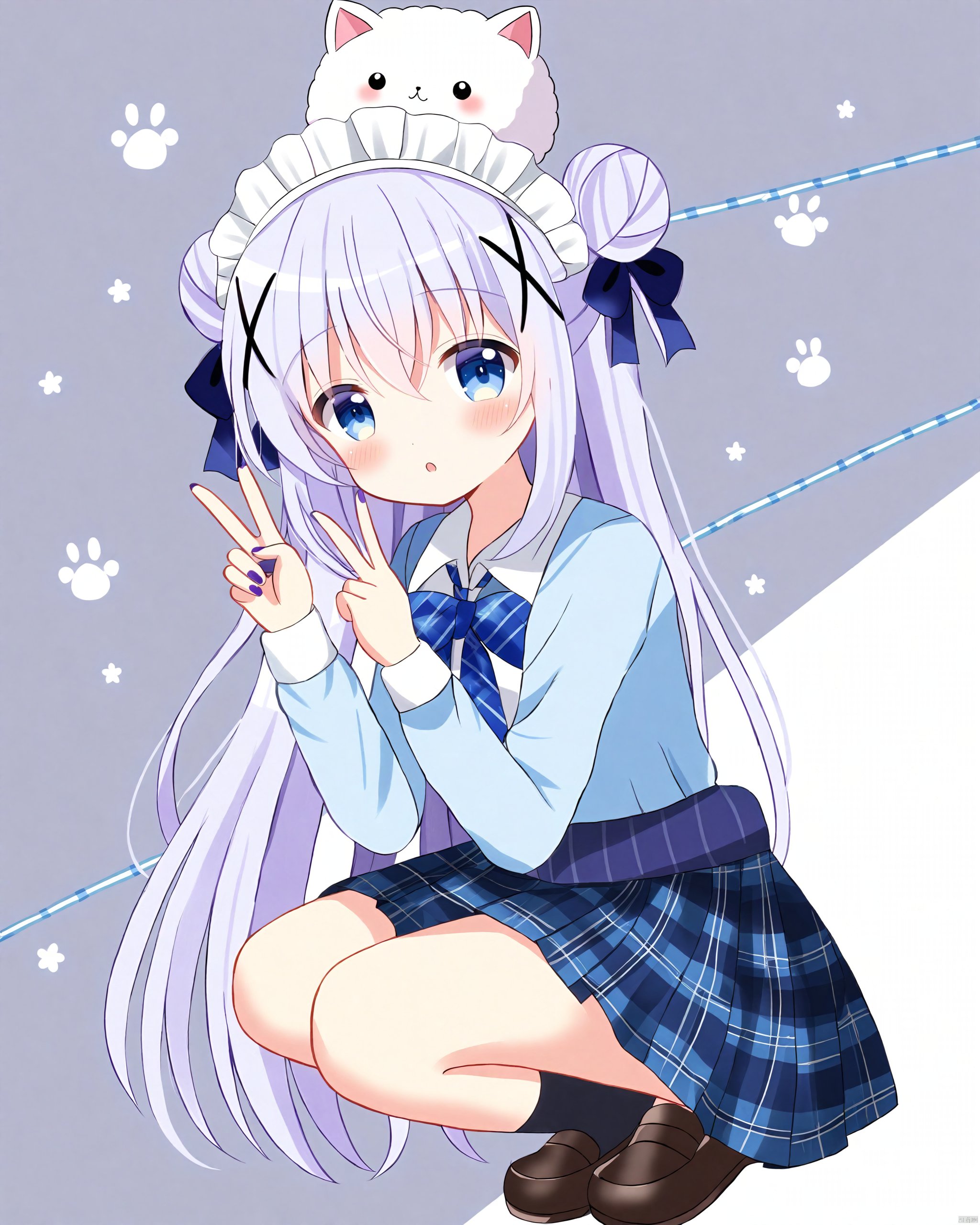 Medium-B,gochuumon_wa_usagi_desu_ka?,1girl, \:o, absurdres, angora_rabbit, animal, animal_on_head, bag, bag_charm, black_bow, black_socks, blue_bag, blue_bow, blue_eyes, blue_shirt, blue_skirt, bow, brown_footwear, charm_\(object\), clothes_around_waist, collared_shirt, commentary_request, diagonal-striped_clothes, diagonal-striped_necktie, dotted_line, double_bun, eyepatch, gochuumon_wa_usagi_desu_ka?, grey_background, hair_between_eyes, hair_bow, hair_bun, hair_ornament, highres, kafuu_chino, loafers, long_hair, long_sleeves, looking_at_viewer, maid_headdress, nail_polish, necktie, on_head, parted_lips, plaid, plaid_skirt, pleated_skirt, purple_bow, purple_hair, purple_nails, rabbit, rabbit_hair_ornament, ryoutan, school_bag, school_uniform, shirt, shoes, skirt, socks, squatting, striped_clothes, stuffed_animal, stuffed_rabbit, stuffed_toy, tippy_\(gochiusa\), two-tone_background, v, very_long_hair, white_background, white_hair, x_hair_ornament