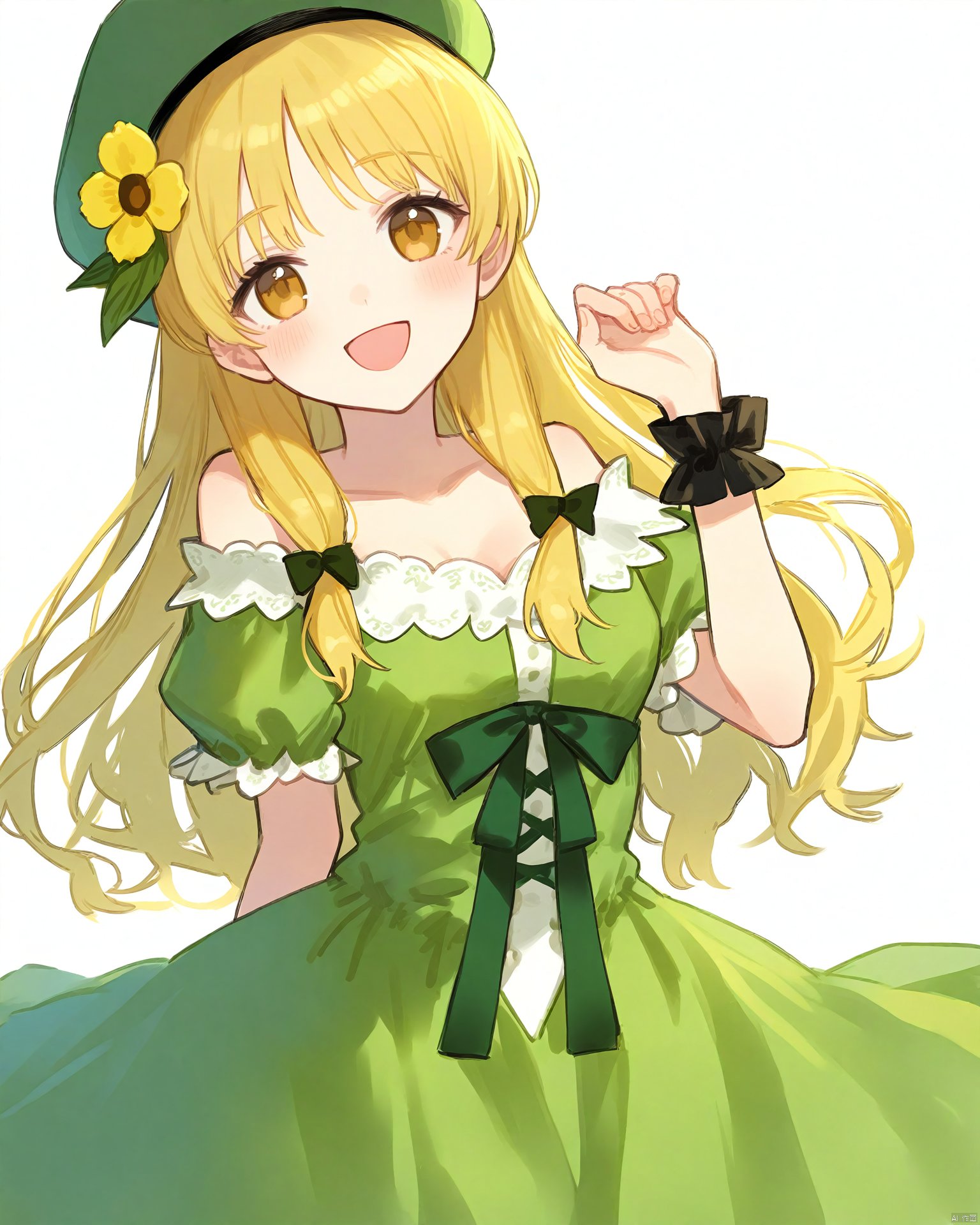 Low-C,atelier_\(series\),1girl, \:d, atelier_\(series\), atelier_ayesha, ayesha_altugle, bare_shoulders, blonde_hair, blush, bow, breasts, brown_eyes, dress, flower, green_bow, green_dress, green_hat, hair_flower, hair_ornament, hani_\(udauda\), hat, long_hair, looking_at_viewer, off-shoulder_dress, off_shoulder, open_mouth, simple_background, smile, solo, waist_bow, white_background, wrist_cuffs