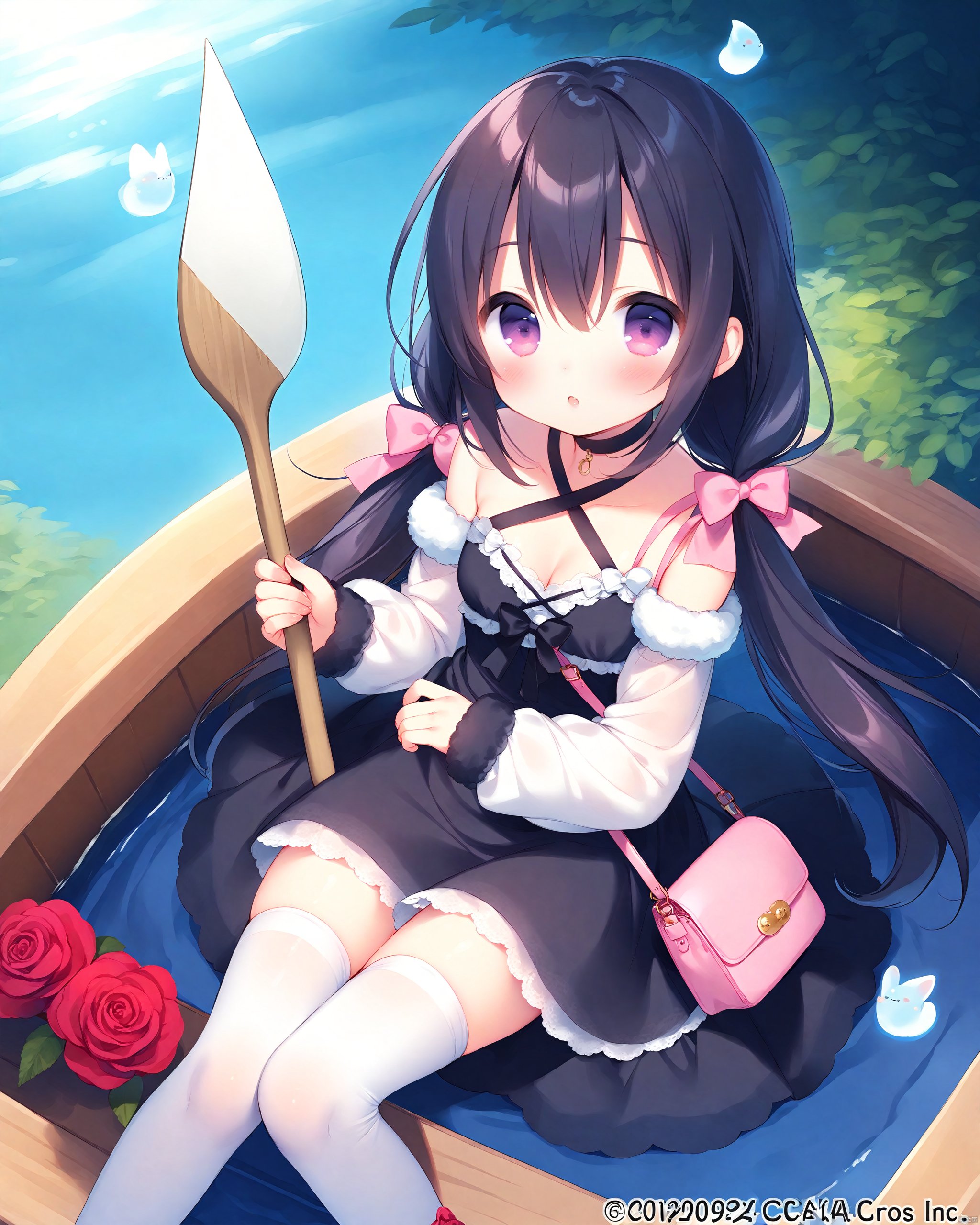 Best-A,(piyodera_mucha:0.52),(usashiro_mani:0.57),(matcha:0.81),(nachoneko:0.65),1girl, bag, bare_shoulders, black_choker, black_dress, black_hair, blush, boat, bow, breasts, choker, cleavage, collarbone, commentary_request, copyright_notice, criss-cross_halter, detached_sleeves, dress, flower, fur-trimmed_sleeves, fur_trim, hair_between_eyes, hair_bow, halter_dress, halterneck, handbag, hitodama, holding, holding_oar, lace, lace-trimmed_dress, lace_trim, lake, long_hair, long_sleeves, looking_at_viewer, low-tied_long_hair, low_twintails, mountain, oar, official_art, over-kneehighs, pink_bow, purple_eyes, red_flower, red_rose, rose, rowboat, shoulder_bag, sidelocks, sitting, sleeves_past_wrists, small_breasts, solo, thighhighs, twintails, usashiro_mani, valhalla_valkyries, watercraft, white_thighhighs