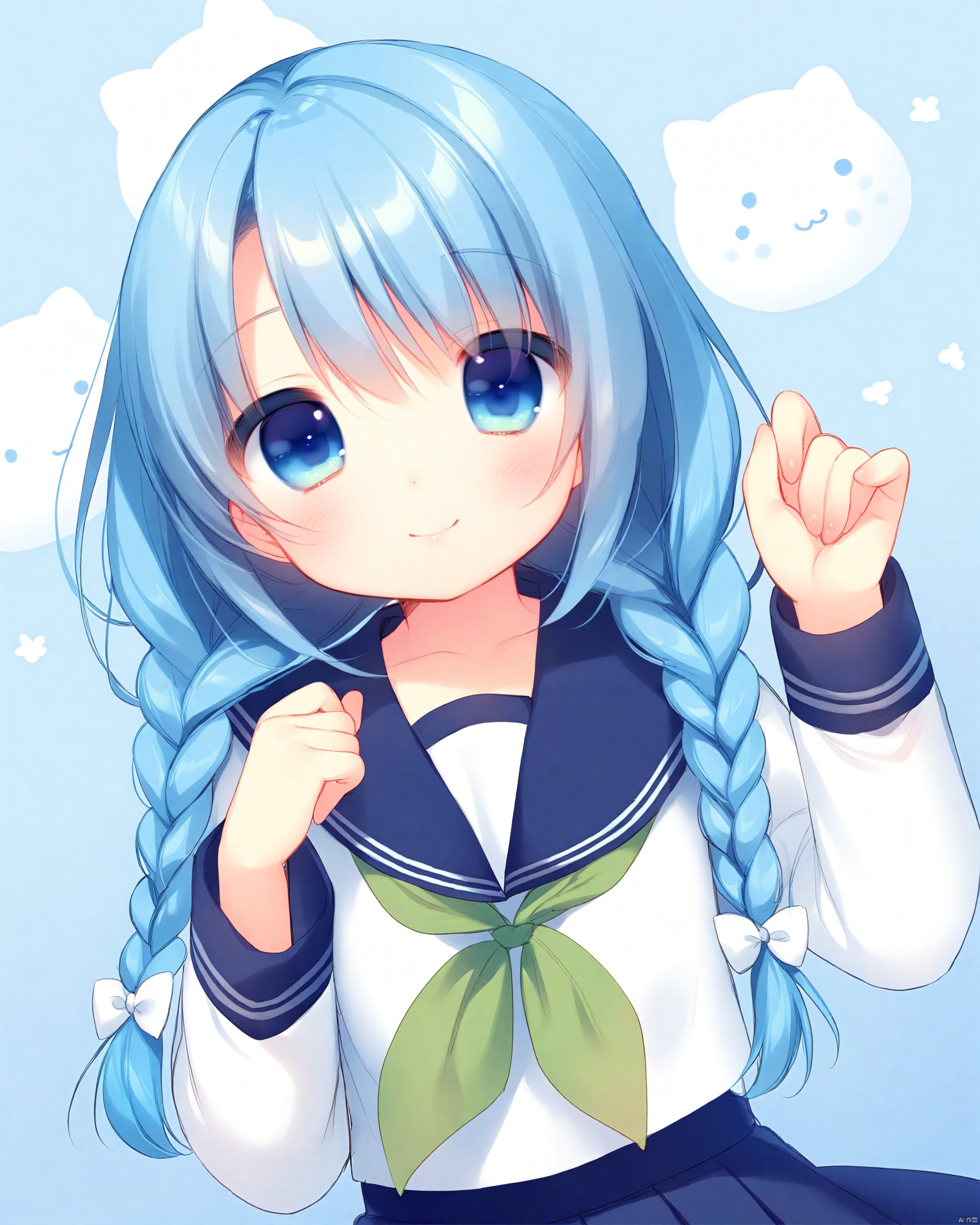 Best-A,(piyodera_mucha:0.72),(usashiro_mani:0.57),(matcha:0.81),(nachoneko:0.65),1girl, blue_eyes, blue_hair, braid, commentary_request, long_hair, looking_at_viewer, original, school_uniform, serafuku, smile, solo, twin_braids