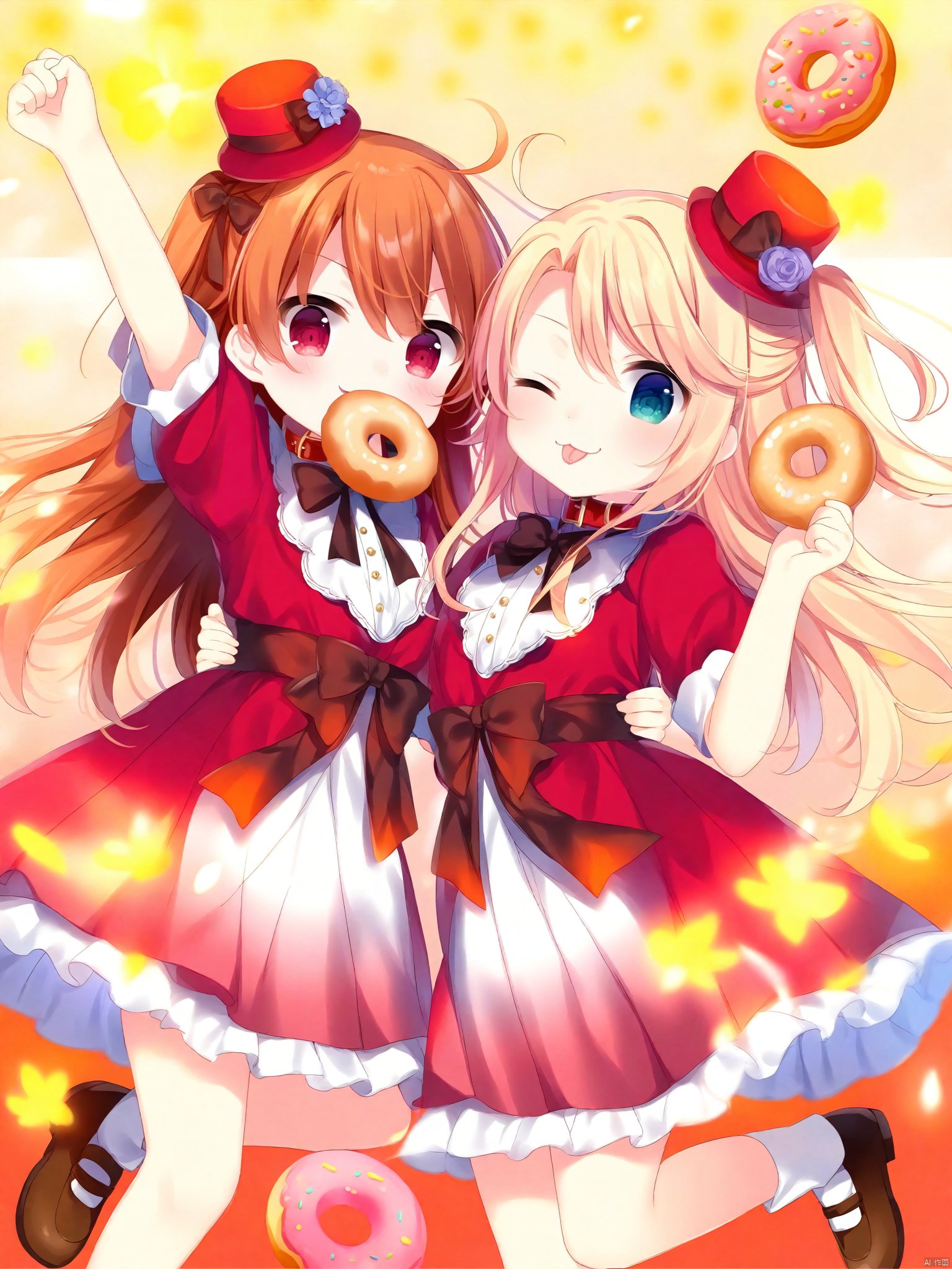 Best-A,[mafuyu|nachoneko],watashi_ni_tenshi_ga_maiorita\!,2girls, \:3, \;d, aqua_eyes, arm_up, bib, black_bow, blonde_hair, bow, brown_bow, brown_footwear, brown_hair, buttons, clenched_hand, collar, collared_shirt, color_coordination, commentary_request, doughnut, dress, fascinator, feet_out_of_frame, floating_hair, flower, food, food_in_mouth, frilled_dress, frills, grin, hair_between_eyes, hair_intakes, hand_on_another's_waist, hand_up, hara_yui, hat, highres, himesaka_noa, holding, holding_food, hoshino_hinata, leg_up, light_blush, long_hair, looking_at_viewer, matching_outfits, medium_eyebrows, medium_hair, messy_hair, mini_hat, mini_top_hat, multiple_girls, one_eye_closed, one_side_up, orange_flower, orange_hair, outstretched_arm, parted_lips, penny_loafers, pink_flower, pleated_dress, red_collar, red_dress, red_eyes, red_headwear, red_theme, second-party_source, shirt, side_ponytail, smile, socks, standing, standing_on_one_leg, tongue, tongue_out, top_hat, very_long_hair, watashi_ni_tenshi_ga_maiorita\!, white_socks, yellow_flower