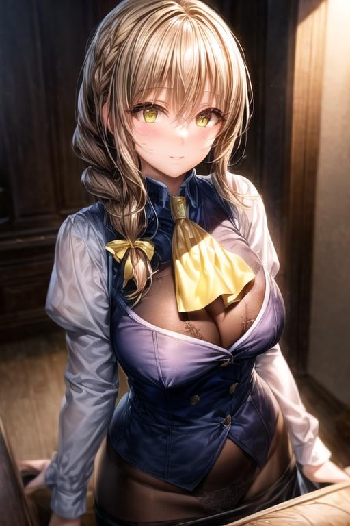 (masterpiece:1.2), best quality, high resolution, unity 8k wallpaper, (illustration:0.8), (beautiful detailed face:1.2, beautiful detailed eyes:1.2), perfect lighting, extremely detailed CG, (perfect hands, perfect anatomy), Cute, beautiful, charming lady, shiny hair, lustrous skin, beautiful light big eyes, milf, married woman, soft With a gentle appearance and a gentle mother-like atmosphere,Feminine style, beautiful kubire, beautiful, naughty face,<lora:受﷿嬢_Receptionist_Goblin_Slayer:0.8>, receptionist_a, long hair, brown hair, braid, single braid, hair between eyes, yellow eyes, big breasts, collared shirt, white shirt, long sleeves, vest, yellow ribbon, ascot, yellow ascot, black skirt, long skirt, pantyhose, focus on her upper body, <lora:add_detail:1.0>