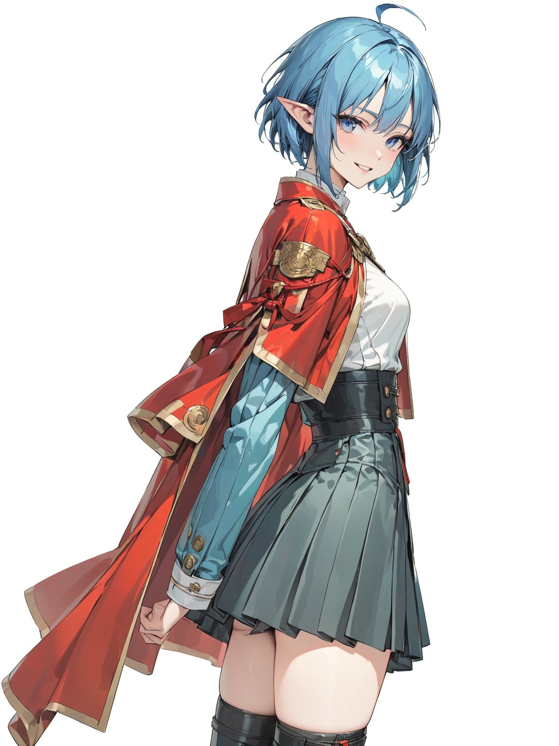 //Quality, masterpiece, best quality, detailmaster2, 8k, 8k UHD, ultra detailed, ultra-high resolution, ultra-high definition, highres, 
//Character, 1girl, solo, blue eyes, short hair, blue hair, pointy ears, ahoge,
//Fashion, red cape, skirt, thighhighs, crescent hair ornament,
//Background, white background, 
//Others, looking at viewer, smile, from_side