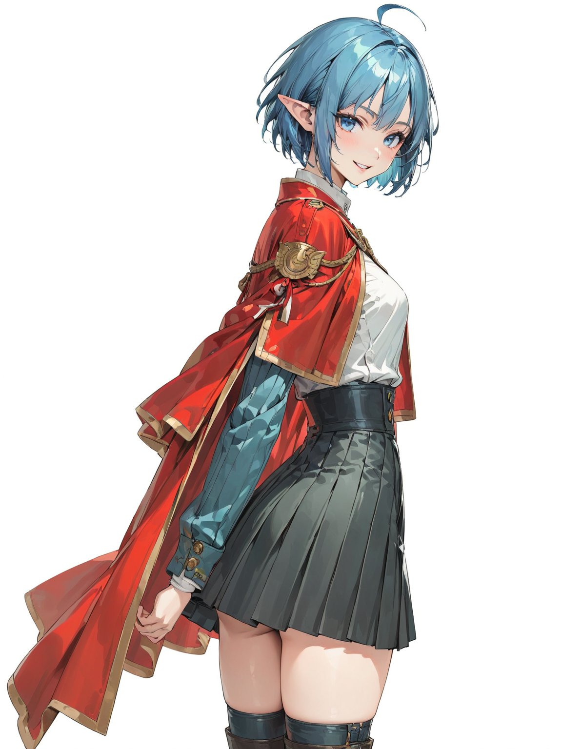 //Quality, masterpiece, best quality, detailmaster2, 8k, 8k UHD, ultra detailed, ultra-high resolution, ultra-high definition, highres, 
//Character, 1girl, solo, blue eyes, short hair, blue hair, pointy ears, ahoge,
//Fashion, red cape, skirt, thighhighs, crescent hair ornament,
//Background, white background, 
//Others, looking at viewer, smile, from_side