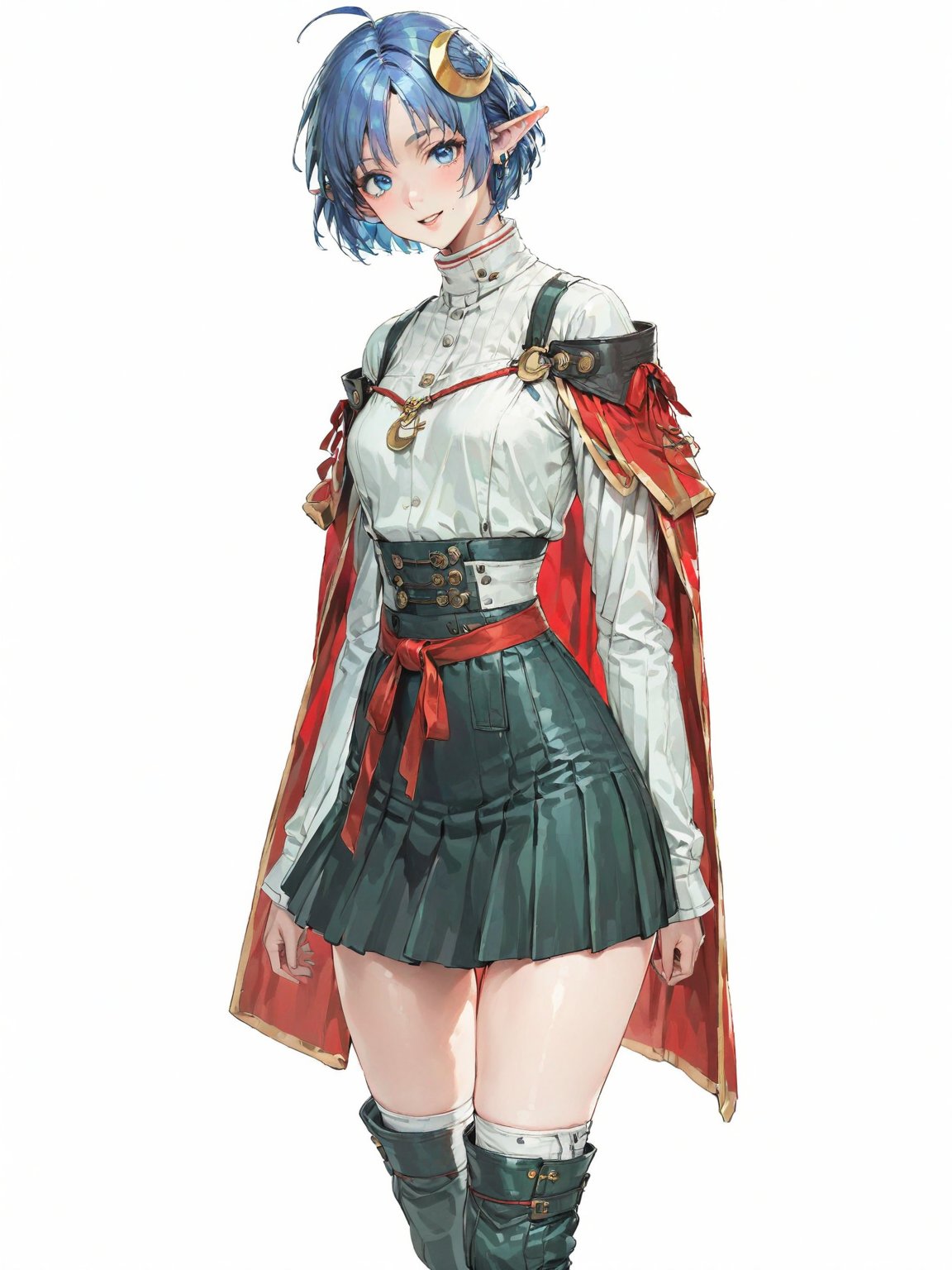 //Quality, masterpiece, best quality, detailmaster2, 8k, 8k UHD, ultra detailed, ultra-high resolution, ultra-high definition, highres, 
//Character, 1girl, solo, blue eyes, short hair, blue hair, pointy ears, ahoge,
//Fashion, red cape, skirt, thighhighs, crescent hair ornament,
//Background, white background, 
//Others, looking at viewer, smile, from_side