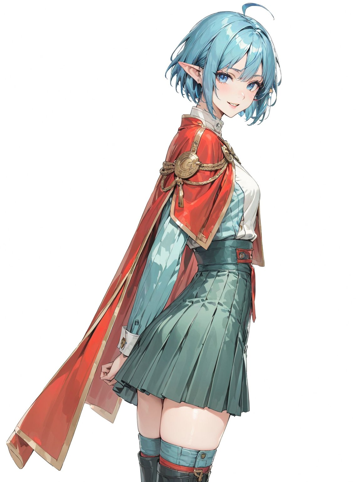 //Quality, masterpiece, best quality, detailmaster2, 8k, 8k UHD, ultra detailed, ultra-high resolution, ultra-high definition, highres, 
//Character, 1girl, solo, blue eyes, short hair, blue hair, pointy ears, ahoge,
//Fashion, red cape, skirt, thighhighs, crescent hair ornament,
//Background, white background, 
//Others, looking at viewer, smile, from_side