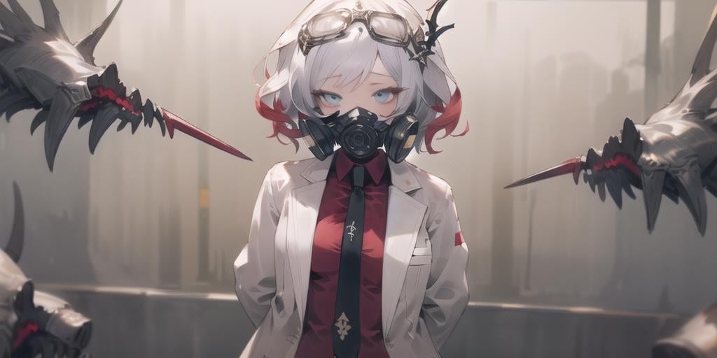 masterpiece, best quality, 1girl, solo, sephie_\(shadowverse\), gas mask,  labcoat,  black necktie, red shirt, looking at viewer, laboratory background, arms behind back <lora:shadowverse_sephie:0.6>